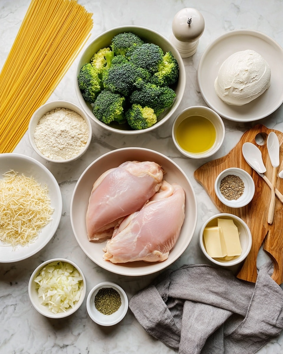 The image shows raw ingredients arranged neatly on a white marbled surface. In the middle, a white bowl holds two large pale pink chicken pieces. Above to the right, a white bowl contains a smooth white ball of cheese. To the left of the chicken, a bowl is filled with vibrant green broccoli florets. Behind the broccoli and chicken, there is a bunch of dry yellow spaghetti lying flat. Around these main items, smaller bowls and dishes hold white chopped onions, chopped garlic, flour, grated cheese, golden brown oil, yellowish liquid, and small drying herbs and spices in spoons on a white plate. A white pepper grinder stands behind the chicken bowl. A wooden cutting board with visible grain is on the right side under some of the smaller bowls. A gray cloth is placed beneath some bowls near the bottom. Photo taken with an iphone --ar 4:5 --v 7
