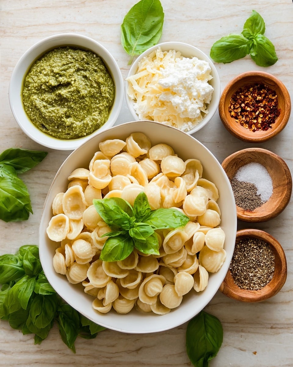 A white bowl filled with orecchiette pasta, light beige in color and small round shapes that look like tiny ears, is topped with a few fresh bright green basil leaves in the center. Around the bowl, there are four smaller white bowls: one with bright green pesto sauce showing a coarse texture, another with white ricotta cheese having a soft and fluffy appearance, a third with finely grated pale yellow cheese, and the last one containing salt and black pepper mix. Two small wooden bowls with reddish chili flakes and salt with black pepper sit above the main bowl. The whole setup rests on a white marbled surface with scattered fresh green basil leaves adding a fresh touch photo taken with an iphone --ar 4:5 --v 7
