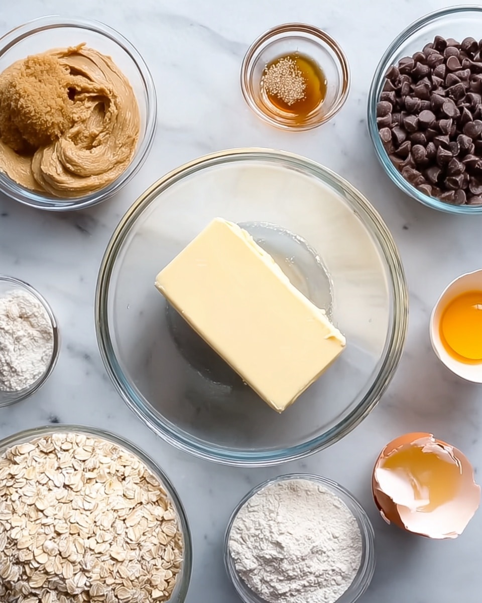 A clear glass bowl sits at the center on a white marbled surface, holding a single thick block of butter in the middle. Around the bowl, small clear glass containers are arranged: to the left, there is a bowl of peanut butter and a smaller bowl with brown sugar, along with a tiny container of vanilla extract. On the right side, a cracked raw egg in a small glass bowl, a bowl of chocolate chips, a bowl of oats, and a bowl of white flour are neatly placed. The colors range from beige and brown tones of peanut butter and sugar, yellow of the egg yolk, to the white and off-white of flour and oats, all contrasting on the white marble background. photo taken with an iphone --ar 4:5 --v 7