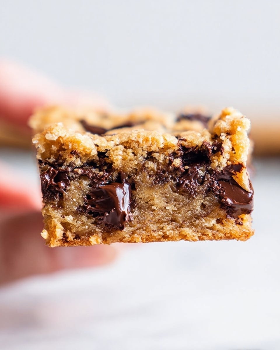 A close-up of a thick slice of chocolate chip cookie bar held by a woman's hand on a white marbled background. The slice shows two main layers: a dense, soft, light golden-brown cookie dough base with visible oats, and large, melty dark brown chocolate chunks embedded throughout. The top layer is slightly crumbly with a golden-brown crust, and the edges are crisp and well-baked. Photo taken with an iphone --ar 4:5 --v 7