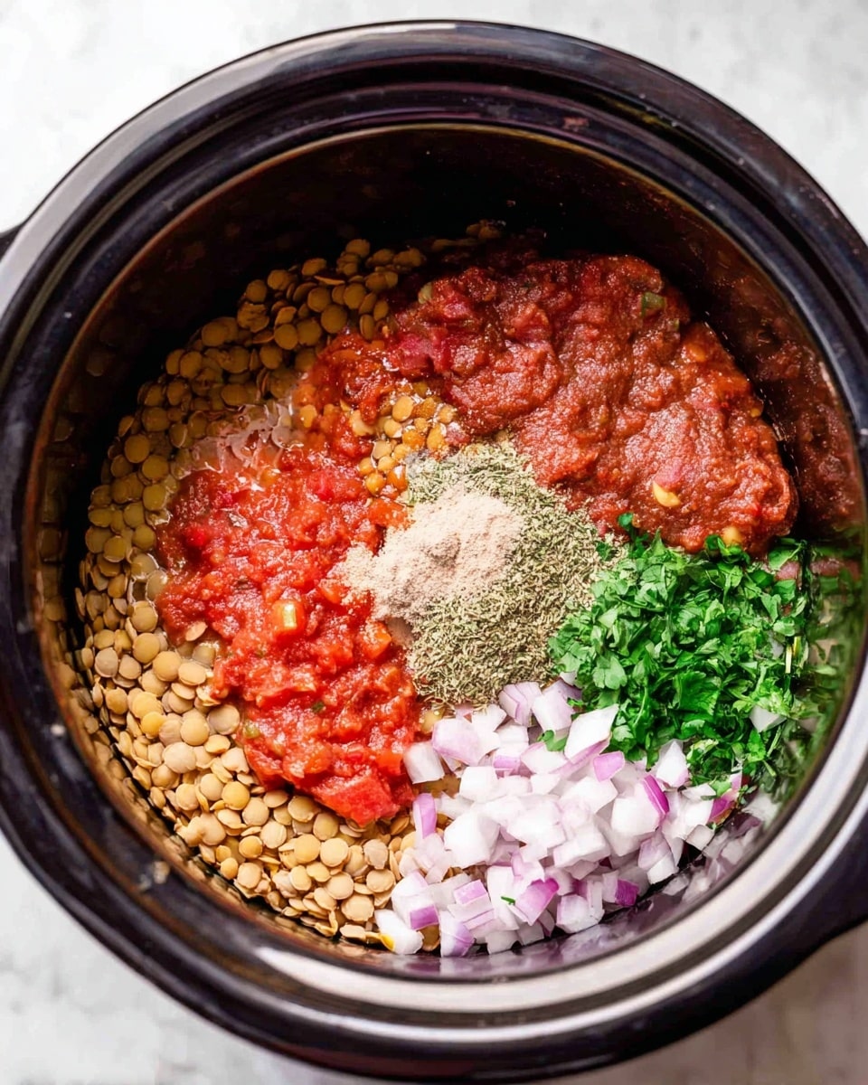 Inside a black slow cooker are six main layers arranged side by side in a circular shape. The largest layer is off-white lentils with hints of yellow, showing a dry texture. Next to it is a chunky deep red tomato sauce layer that is thick in texture. Below the sauce is a deep reddish-brown paste spread thinly. On top of this is a small pile of light brown powder, surrounded by a scattering of dried green herbs. Next to the herbs are white and purple diced onion pieces with a crisp texture. Finally, there is a small cluster of finely chopped bright green fresh herbs. The slow cooker is placed on a white marbled surface. photo taken with an iphone --ar 4:5 --v 7