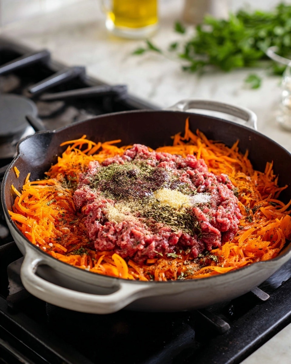 The image shows a black cast iron pan with white handles on a stove with black grates and a white marbled countertop. Inside the pan, there is a layer of bright orange shredded carrots spread evenly around the edges. On top of the carrots, in the center, there is a thick layer of raw ground meat with a pinkish-red color. Various dried herbs and spices, including light brown, green, and dark red powders, are sprinkled over the ground meat. In the background, there is a blurred glass container of oil and green parsley leaves on the white marbled surface. The photo was taken with an iphone --ar 4:5 --v 7
