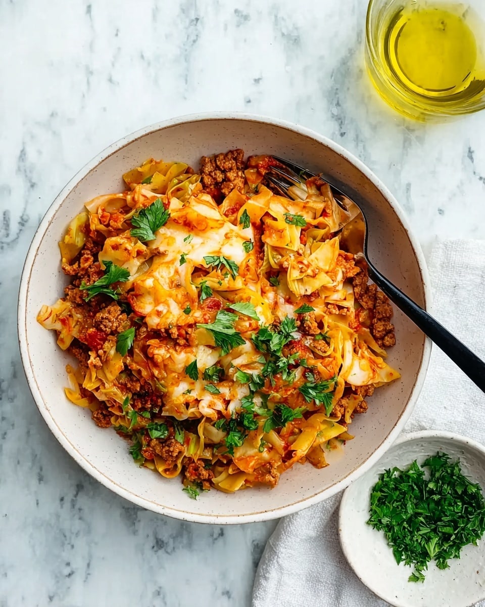A round white bowl filled with three layers of food: the bottom layer is chopped cooked ground meat with brown and reddish tones, the middle layer is cooked wide yellow cabbage or pasta ribbons mixed lightly with a red tomato sauce, and the top layer is melted pale orange cheese with a slightly browned crust. Green parsley leaves are sprinkled on top as garnishes. A black fork rests on the right side inside the bowl. The bowl sits on a white marbled surface with a small white dish of chopped green herbs and a glass container of yellow oil nearby. photo taken with an iphone --ar 4:5 --v 7
