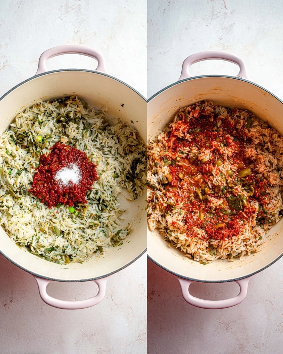 The image shows two white pots with pink handles on a white marbled surface, each containing different stages of cooking rice. The left pot has greenish cooked rice mixed with herbs and small pieces of green vegetable, with a dollop of red tomato paste and a small pile of white salt placed on top in the center. The right pot displays the same rice, now mixed and cooked with the tomato paste, turning the rice a reddish color with visible pieces of small green vegetables spread throughout. Both pots are shown from above, with steam rising slightly from the food. photo taken with an iphone --ar 4:5 --v 7