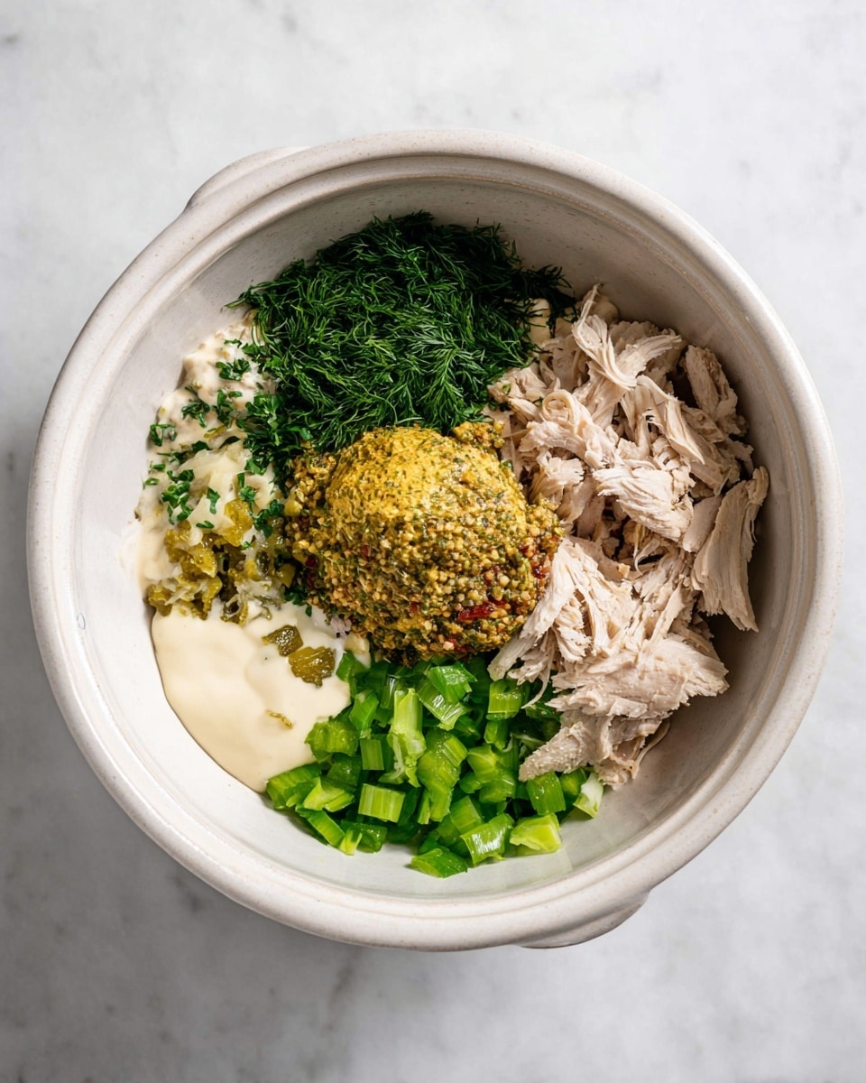 Inside a white ceramic bowl, there are several separate layers of ingredients: shredded light beige chicken pieces in the top right, bright green chopped celery on the right side, a dollop of coarse grain mustard with specks of brown and red near the center, smooth pale yellow mustard sauce just above the mustard, finely chopped dark green herbs and dill on the upper left, finely chopped pickles with a greenish tint near the middle left, two creamy white sauces with slightly different shades at the bottom left, one with a light beige tint and the other more pure white. The bowl is set on a white marbled surface. photo taken with an iphone --ar 4:5 --v 7