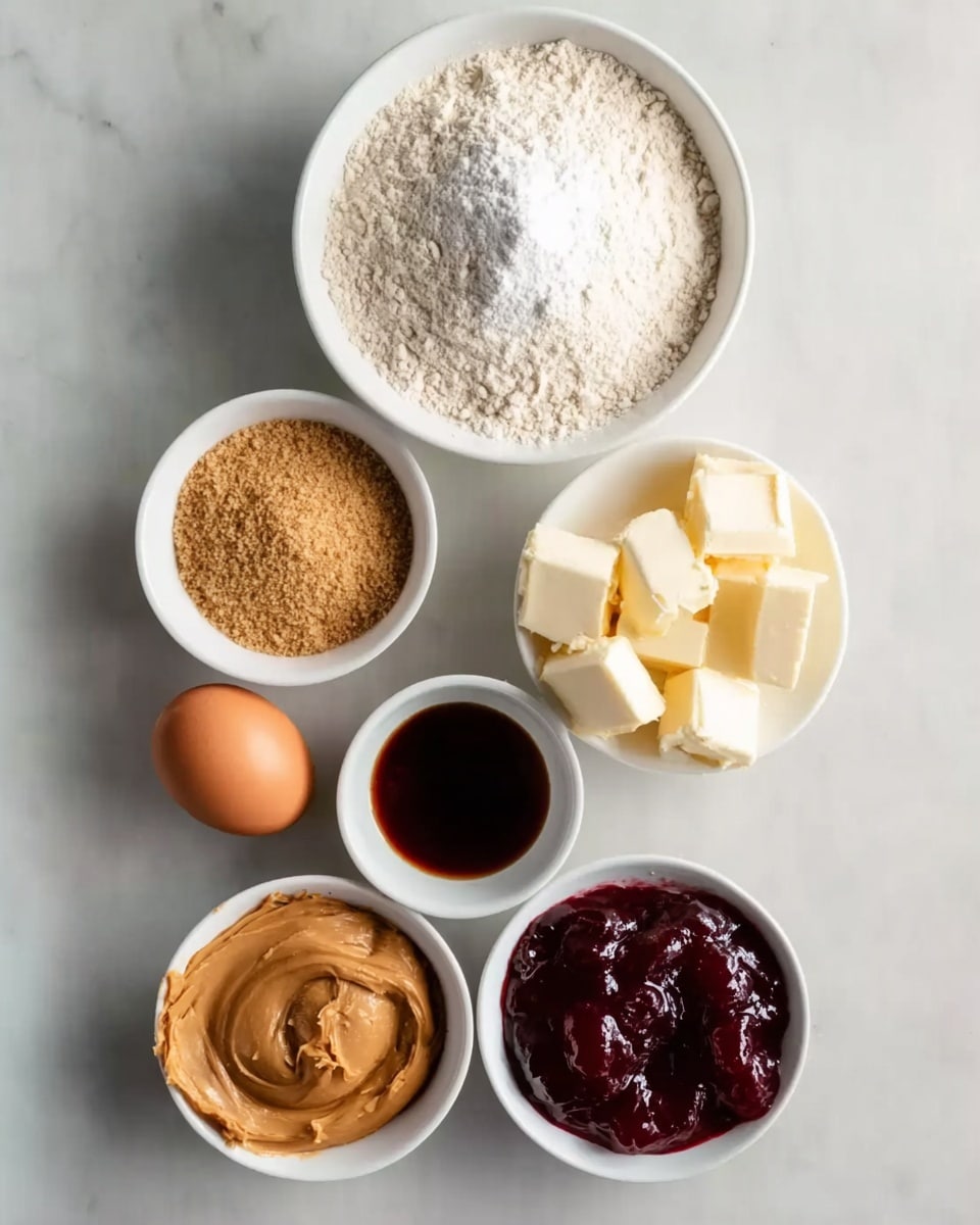 The image shows six white bowls arranged vertically on a white marbled surface. The top bowl holds white flour with some salt mixed in, showing a fine, powdery texture. Below it, a bowl contains light brown, crumbly, dry sugar. Next is a pile of white solid butter in chunks resting directly on the surface, followed by a whole brown egg in a small white bowl. Below the egg, a bowl is filled with smooth, light brown peanut butter, and next to it is a small white bowl with dark brown liquid vanilla extract. At the bottom, a larger white bowl contains dark red, thick, smooth jam. Photo taken with an iphone --ar 4:5 --v 7