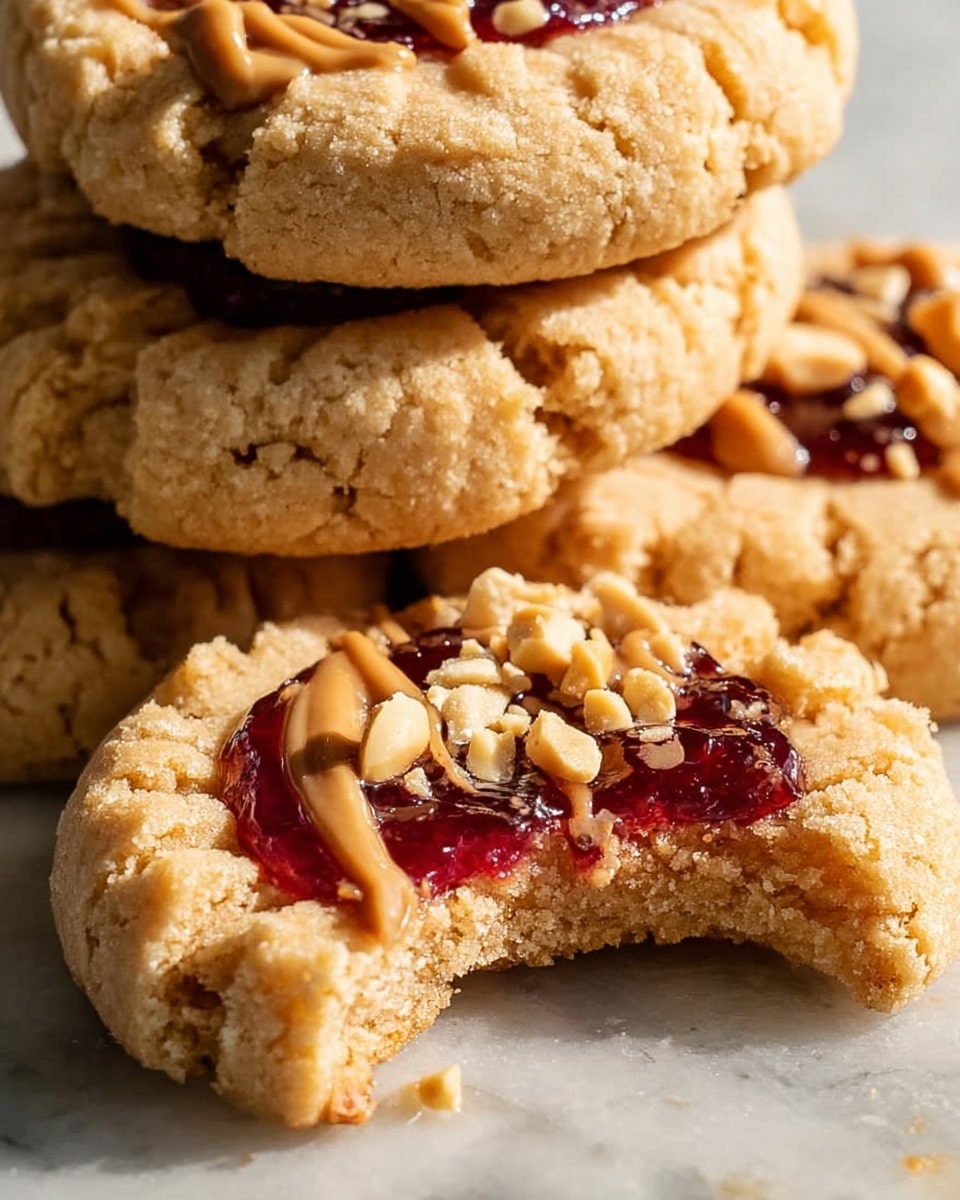The close-up image shows a stack of three round, light golden peanut butter cookies with a rough, crumbly texture. In front, one cookie lies flat, topped with a shiny, deep red jelly layer that fills a well in the center. Swirled over the jelly is a smooth, creamy light brown peanut butter drizzle, decorated with small chopped peanuts that add texture and color contrast. A visible bite is taken out of the front cookie, revealing a soft inside. The cookies rest on a white marbled surface, with natural light highlighting their details. Photo taken with an iphone --ar 4:5 --v 7
