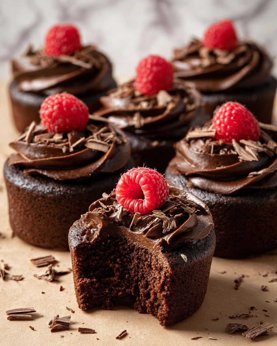The image shows six small chocolate cupcakes arranged on a light brown surface. Each cupcake has a dark brown chocolate cake base and is topped with a thick, swirled layer of dark chocolate frosting. The frosting is decorated with small, thin pieces of chocolate shavings scattered on top. Each cupcake has a bright red raspberry placed at the center on top of the frosting. The cupcake in the middle foreground has a bite taken from it, showing the moist and soft texture of the chocolate cake inside. The background and surface have a white marbled look. photo taken with an iphone --ar 4:5 --v 7