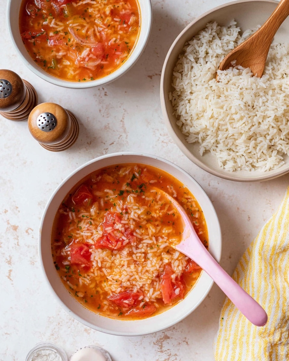 Two white bowls are shown on a white marbled surface, each filled with a tomato-based soup mixed with white rice and chunks of tomatoes. The larger bowl at the bottom has a pink spoon resting inside it on the right side of the bowl, with the soup’s reddish-orange color visible with small bits of herbs. The smaller bowl at the top left also contains the same soup. To the top right, there is a third white bowl filled with plain white rice with a wooden spoon partially submerged. The image includes two salt and pepper shakers in the bottom left and a yellow and white striped cloth napkin on the bottom right. Photo taken with an iphone --ar 4:5 --v 7