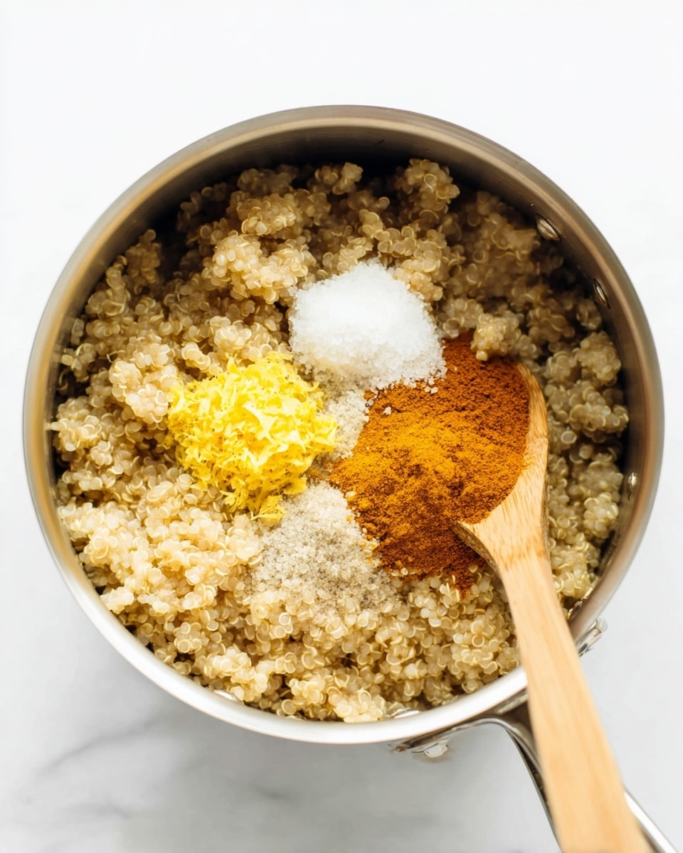 A metal pot filled with cooked quinoa that looks light brown and fluffy, topped with four separate piles of ingredients: bright yellow lemon zest, fine white salt, warm orange turmeric powder, and a dollop of white coconut oil. A wooden spoon rests inside the pot, placed near the turmeric, ready to mix. The pot sits on a white marbled surface. photo taken with an iphone --ar 4:5 --v 7