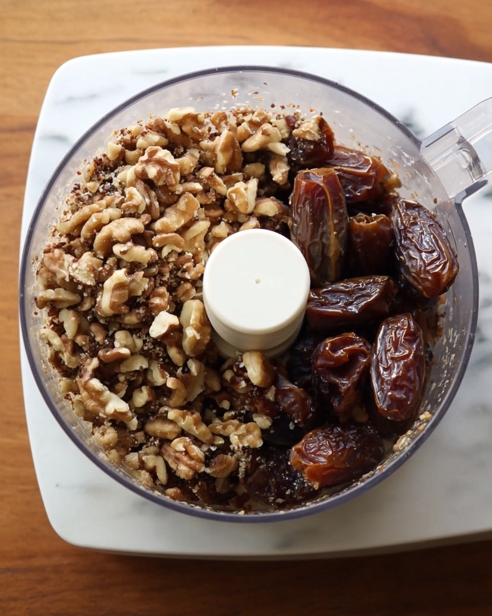 A close-up top view of a white food processor filled with two layers of ingredients: the bottom layer is made of dark brown dates with a shiny texture, and the top layer consists of light brown chopped walnuts with a rough texture. The background is a white marbled surface, enhancing the natural colors of the nuts and dates. Photo taken with an iphone --ar 4:5 --v 7