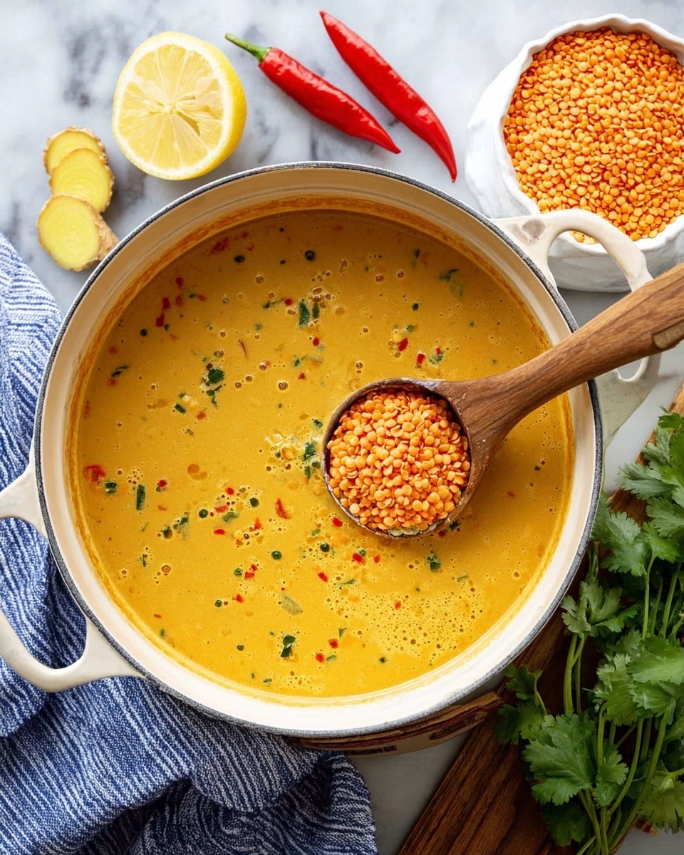 A white pot filled with creamy orange soup with visible small green and red herb pieces floating inside. In the center, a wooden spoon lifts a pile of small orange lentils from the soup. To the left, fresh slices of yellow ginger, three red chili peppers, and half a lemon are on a blue and white striped cloth on a white marbled surface. On the right side, a white bowl is full of dry orange lentils, and some fresh green cilantro leaves are scattered next to it. photo taken with an iphone --ar 4:5 --v 7