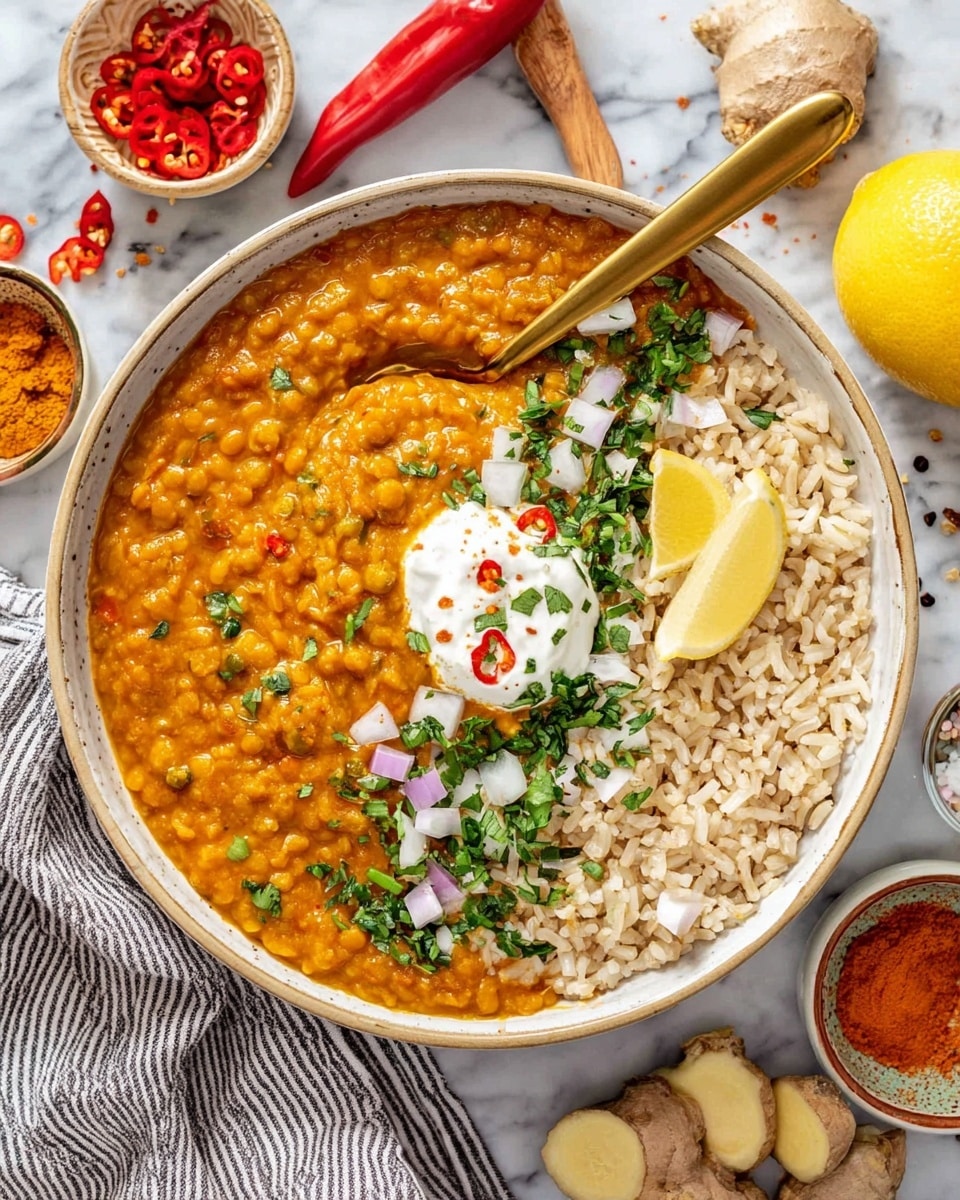 The image shows a bowl filled with three main layers: orange lentil curry covering about two-thirds of the bowl with a thick and smooth texture, a dollop of white yogurt placed near the center on top of the curry, and cooked brown rice occupying the remaining third on the right side. The curry is garnished with green chopped herbs and sliced white onions, along with small pieces of red chili near the yogurt. A yellow lemon wedge rests between the rice and curry on the upper edge of the bowl. A gold spoon is partially placed in the rice layer. The bowl is on a white marbled surface, surrounded by red chili peppers, a striped towel, sliced ginger, and small containers of spices. Photo taken with an iphone --ar 4:5 --v 7