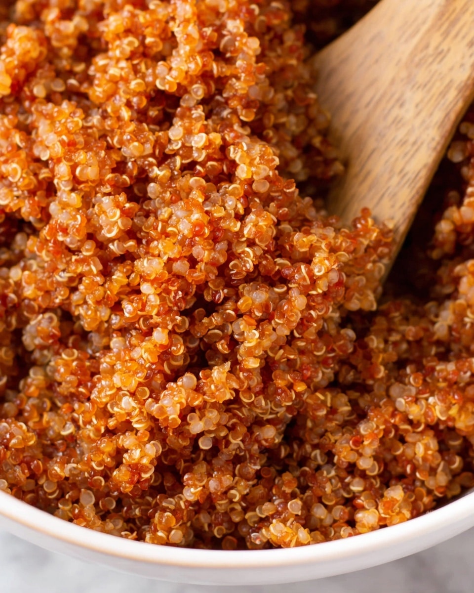 A close-up view of cooked red quinoa with a soft texture, showing each grain separated and slightly swollen. The quinoa has a reddish-orange color with tiny spirals on the grains. A wooden spoon is partially visible, scooping or stirring the quinoa. The dish is inside a white bowl, placed on a white marbled surface. photo taken with an iphone --ar 4:5 --v 7