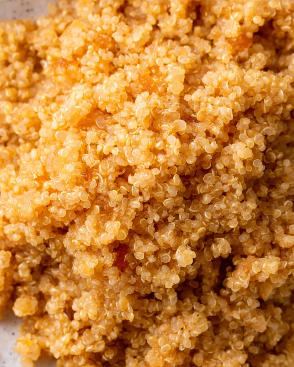 The image shows a close-up of cooked quinoa mixed with small bits of orange and pale pieces, all blended together in one layer with a fluffy, grainy texture filling the frame. The quinoa grains are well-separated and have a golden-orange hue, appearing light and soft with tiny round spirals visible on each grain. The background is a subtle white marbled texture, enhancing the warm color of the quinoa photo taken with an iphone --ar 4:5 --v 7