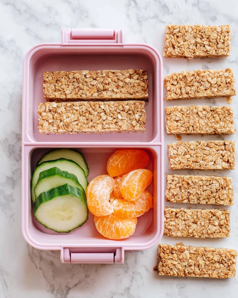 The image shows a pink lunchbox with two compartments placed on a white marbled surface. The larger compartment contains a light brown granola bar with a rough and crunchy texture made of oats. The smaller compartment holds several slices of fresh cucumber with a dark green skin and light green inside, along with peeled, bright orange mandarin segments stacked neatly. Surrounding the lunchbox on the white marbled surface are multiple granola bars arranged in rows, showing their oat texture clearly. Photo taken with an iphone --ar 4:5 --v 7
