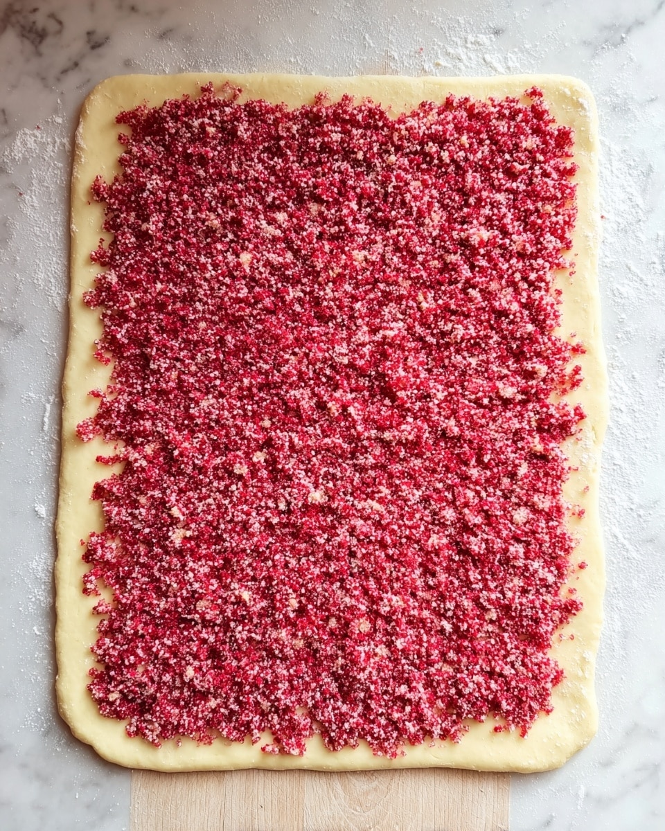 A rectangular flat dough layer spread out on a light wooden surface dusted with a little flour, with a thick, even layer of crushed red berries covered in sugar sprinkled densely across the entire dough sheet. The dough is pale yellow with a smooth texture and slightly rounded corners, while the bright red berry topping is coarse and crumbly, creating a strong contrast against the pale dough beneath. The background surface is a white marbled texture. photo taken with an iphone --ar 4:5 --v 7