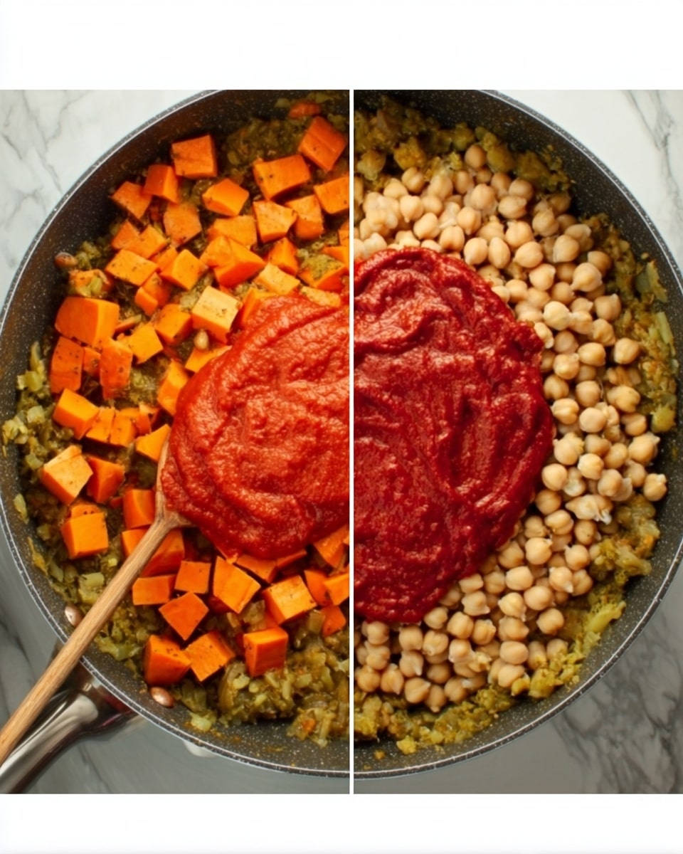 The image shows two side-by-side views of a cooking pan with a wooden spoon inside. In the pan, there is a colorful mix of ingredients layered from the bottom up. The first layer is green and chunky, likely cooked vegetables or herbs. On top of that, orange cubed sweet potatoes are arranged around the sides. In the left image, a thick, smooth, bright red sauce is poured over the sweet potatoes, covering the center of the pan. In the right image, the red sauce is replaced by a heap of light beige chickpeas covering the same area. The pan rests on a white marbled surface. photo taken with an iphone --ar 4:5 --v 7