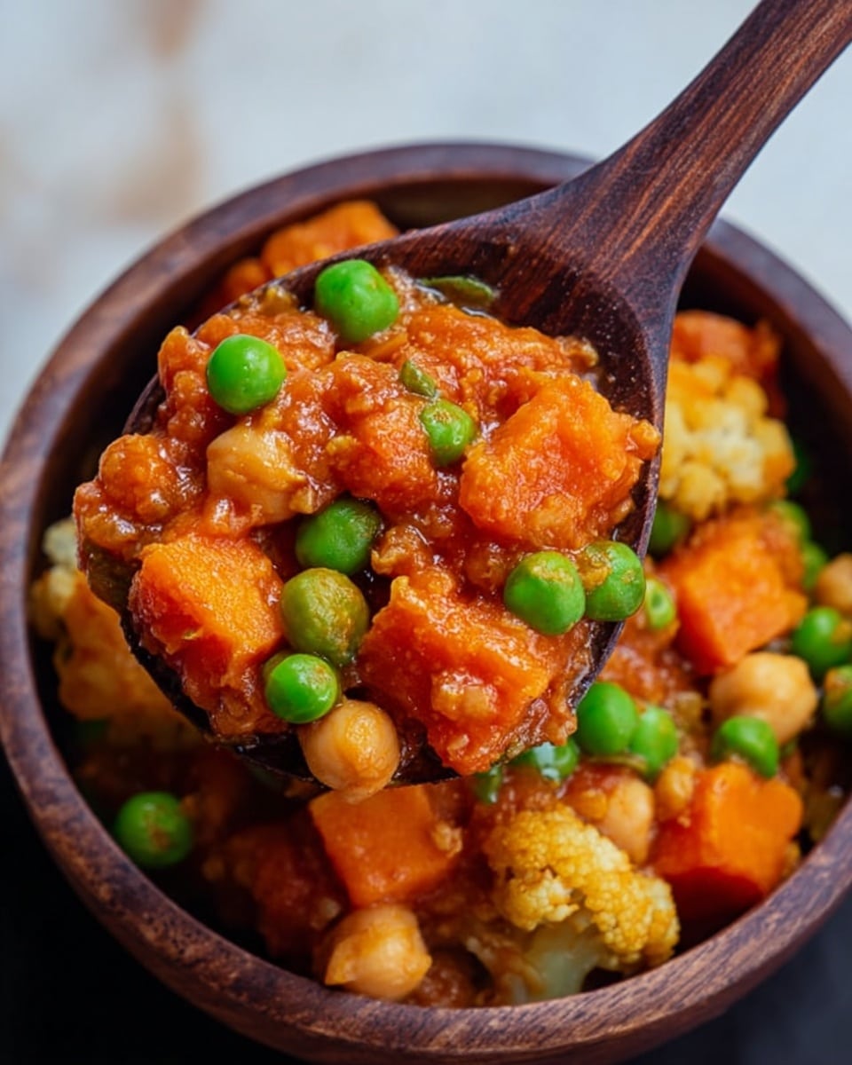 The image shows a close-up of a dark brown bowl filled with a colorful vegetable curry dish. The top layer has bright green peas scattered among vibrant orange chunks of sweet potato, all coated in a thick, warm reddish-orange sauce. Below, round beige chickpeas and pieces of cauliflower are also visible, all mixed together and slightly shiny from the sauce. A dark wooden spoon is lifting a portion of the curry, showing the mixture's texture and glossy coating. The background has a white marbled texture. photo taken with an iphone --ar 4:5 --v 7
