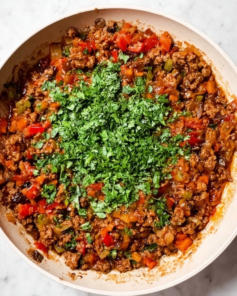 The image shows a shallow white pan filled with a cooked dish made of minced meat mixed with small chunks of red bell peppers and other diced vegetables. The meat looks browned and soft, with some juices creating a slightly wet texture. On top, there is a generous layer of chopped fresh green herbs, likely parsley or cilantro, spread mostly in the center. The dish rests on a white marbled surface. photo taken with an iphone --ar 4:5 --v 7