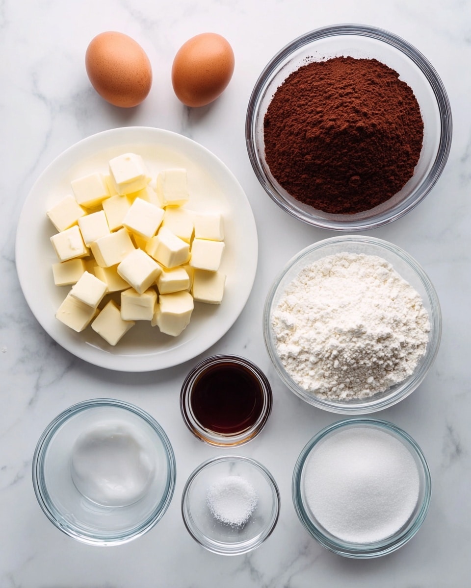 The image shows several baking ingredients arranged neatly on a white marbled surface. There are two brown eggs placed side by side near the top left. Below them, a white plate holds many small cubes of butter, pale yellow in color. To the right of the eggs and butter, a small clear glass bowl is filled with dark brown vanilla extract. Above it, a larger clear glass bowl contains rich, dark brown cocoa powder with a slightly rough texture. To the right of the cocoa powder, another large clear glass bowl holds white flour with a fine texture. Below these, a medium-sized clear glass bowl is filled with white granulated sugar, smooth and even. Two small clear bowls contain fine white powders, one with baking soda and the other with salt. Everything is organized with clear bowls and white plate on a clean white marbled surface, photo taken with an iphone --ar 4:5 --v 7