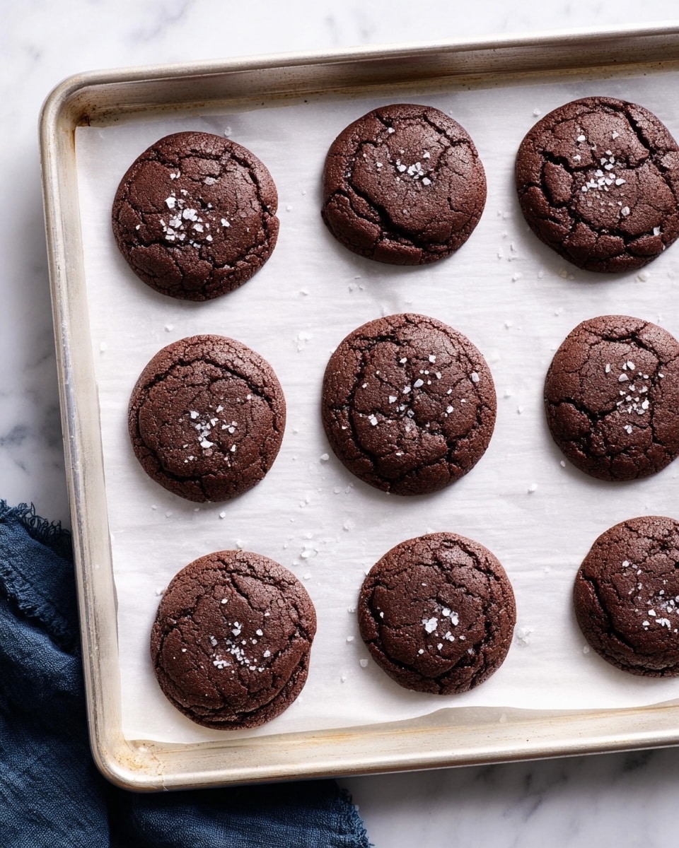 The image shows a baking tray lined with white parchment paper holding eight round, dark chocolate cookies evenly spaced out. Each cookie has a soft, slightly cracked texture and is topped with small, scattered flakes of white sea salt. The tray is placed on a white marbled surface, and a dark blue cloth is partially visible at the bottom left corner. The photo taken with an iphone --ar 4:5 --v 7