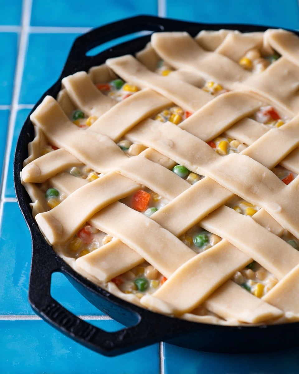 A close view of an unbaked pie in a black cast iron pan, with a lattice top made of wide, pale beige dough strips woven over each other. Below the dough lattice, the filling is creamy white with colorful bits of orange carrots, yellow corn, green peas, and chickpeas scattered evenly. The pan rests on a bright blue tiled surface which is changed to a white marbled texture. photo taken with an iphone --ar 4:5 --v 7