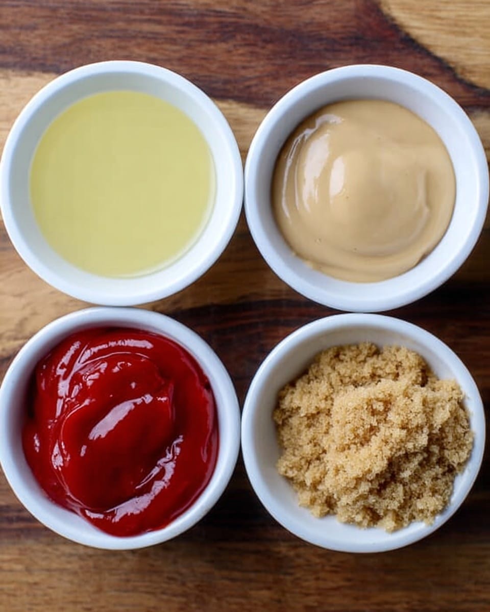 The image shows four small white bowls arranged on a wooden surface. The top left bowl contains a light yellow liquid, smooth in texture. The top right bowl holds a creamy beige sauce with a shiny surface. On the bottom left, there is a bowl filled with bright red ketchup that looks thick and glossy. The bottom right bowl has a crumbly, light brown substance that looks like packed brown sugar. The background is a white marbled texture. photo taken with an iphone --ar 4:5 --v 7