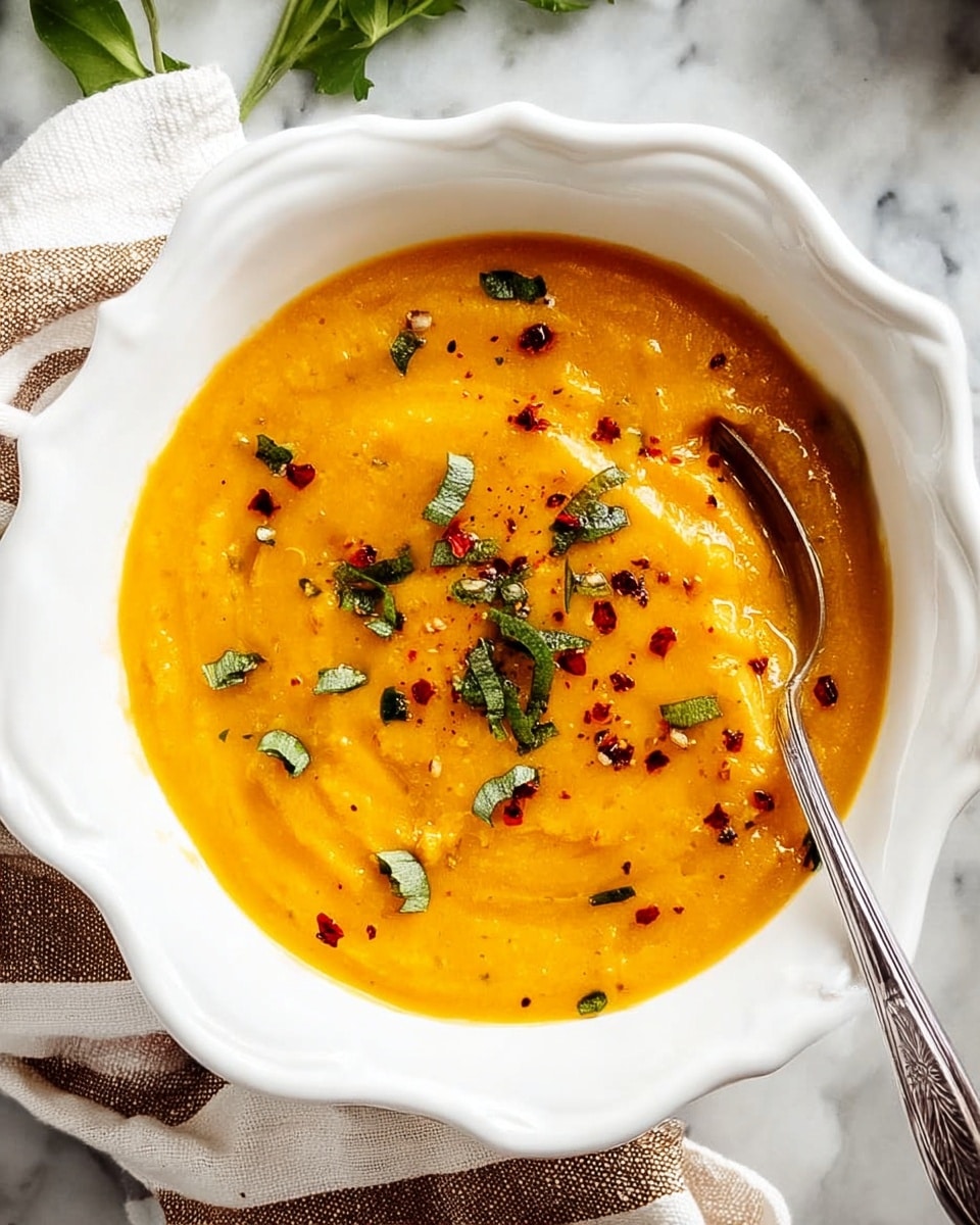 A white scalloped bowl filled with thick orange soup topped with small green herb pieces and red chili flakes scattered across the surface. A silver spoon rests inside the bowl at the top right edge. The bowl sits on a white marbled surface with part of a striped white and brown cloth napkin to the left and some green herbs in the top left corner. The soup has a smooth, creamy texture with slight swirls visible. Photo taken with an iphone --ar 4:5 --v 7