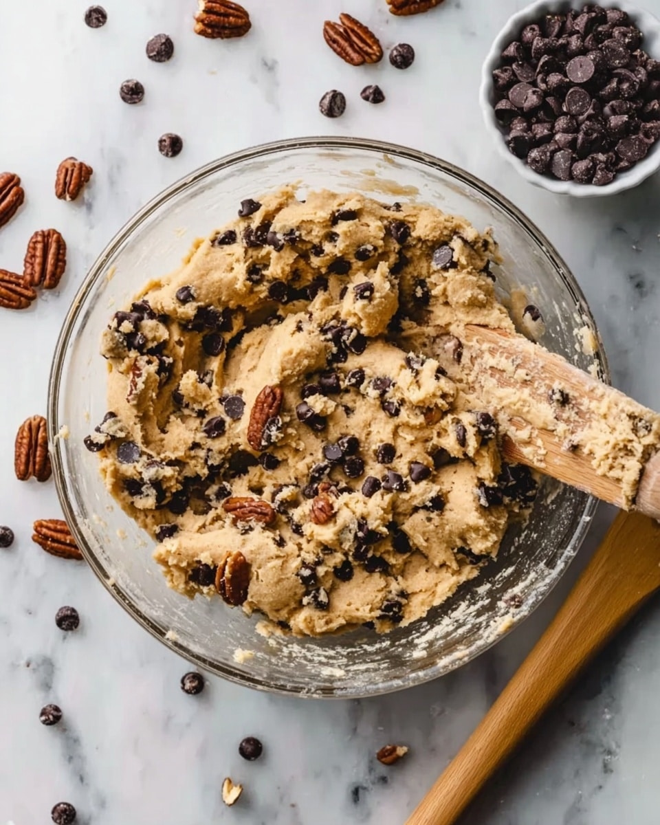 A clear glass bowl filled with light brown cookie dough mixed with many small black chocolate chips and a few pecans scattered inside. The dough looks thick and chunky, with a wooden spatula partially in the bowl near the bottom right, coated with some dough. Around the bowl on the white marbled surface are scattered dark chocolate chips and a few pecan pieces, along with a small white bowl filled with more chocolate chips at the top. photo taken with an iphone --ar 4:5 --v 7