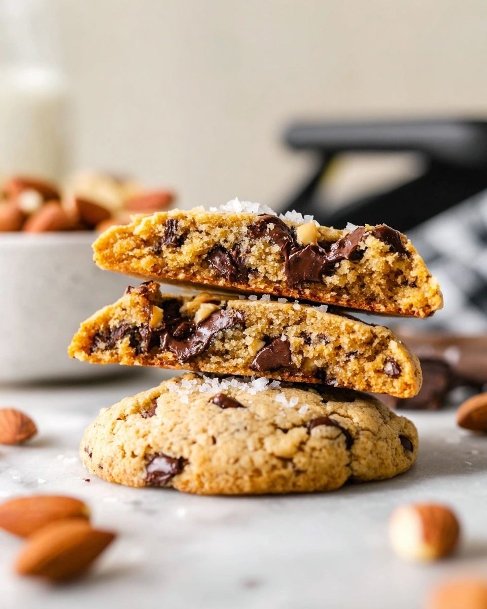 Two thick, soft cookies stacked on a white marbled surface are broken in half to show their inside. The cookies are golden brown with dark brown chocolate chips and small light brown nuts scattered through them. There is a light sprinkle of salt flakes on the top cookie. In the background, out of focus, there is a white bowl with more nuts and a black object with a checkered cloth draped over it. The image has a bright and warm feel. photo taken with an iphone --ar 4:5 --v 7