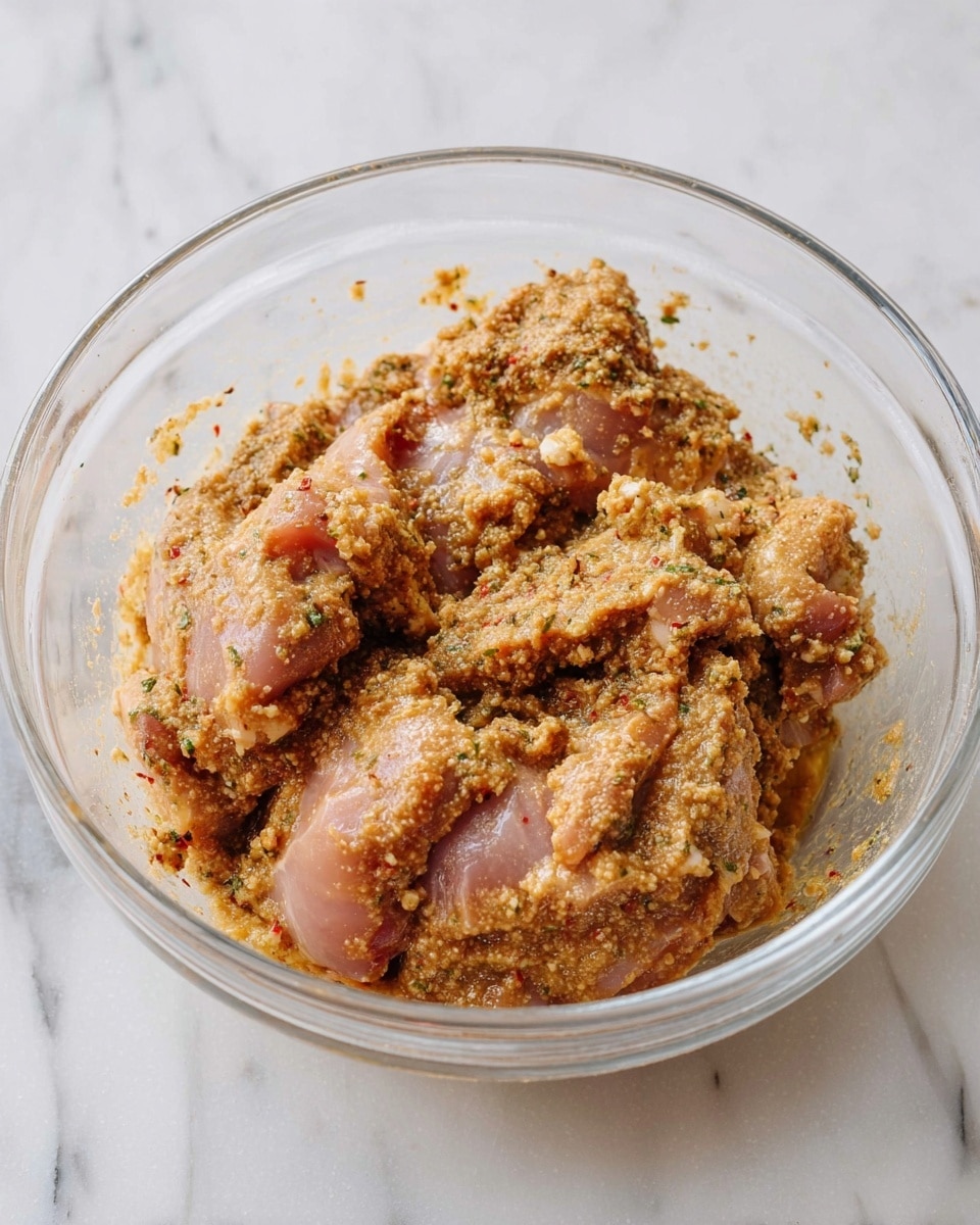 A clear glass bowl holds raw pieces of light pink chicken coated thickly with a beige, grainy marinade that has small green and red specks, showing a mix of herbs and spices. The marinade texture is uneven and chunky, covering the chicken pieces in a rough layer on all sides. The bowl sits on a white marbled surface, and no other objects are visible around it. Photo taken with an iphone --ar 4:5 --v 7