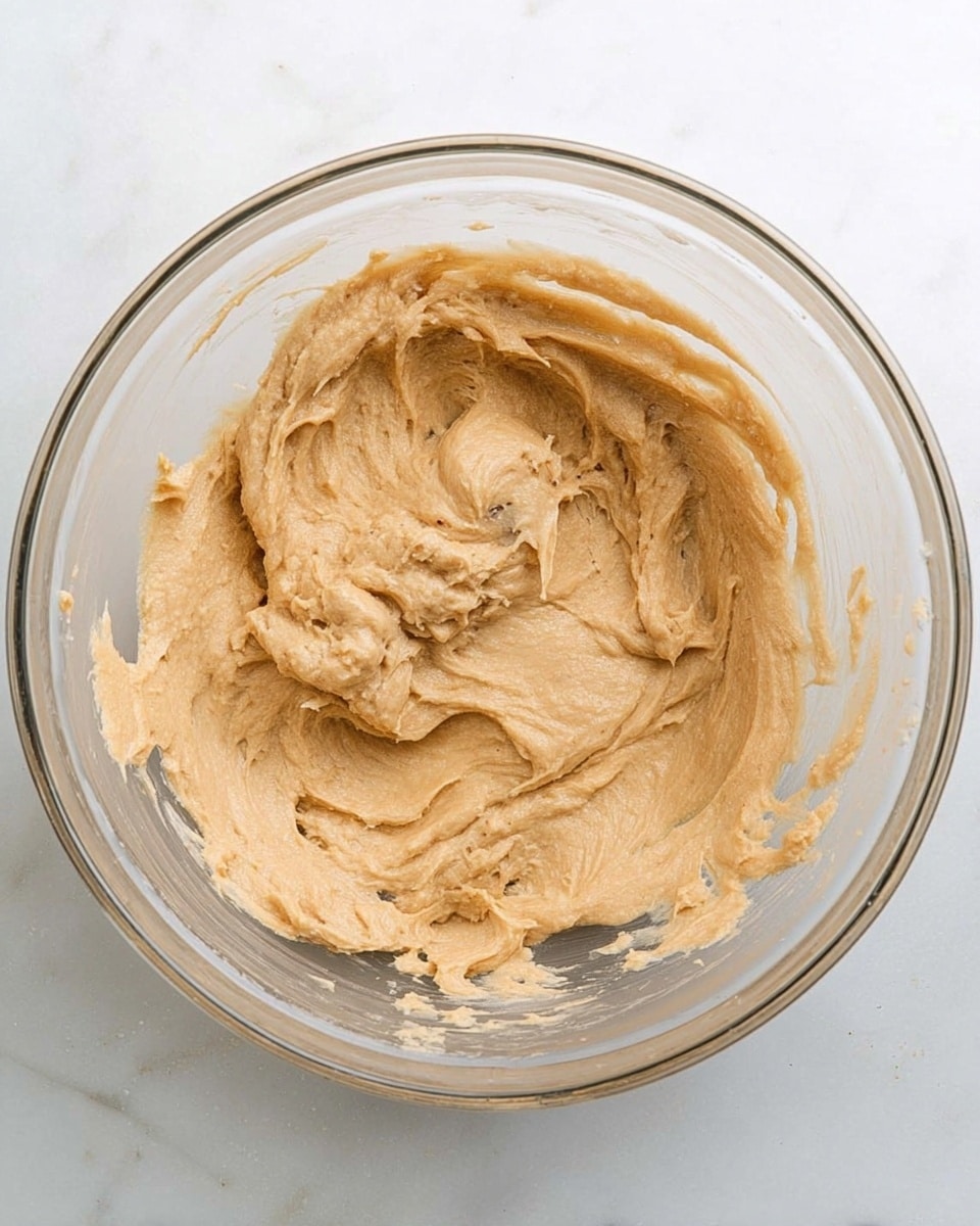 A clear glass bowl sits on a white marbled surface, filled with a thick, creamy, light brown dough that has a smooth yet slightly rough texture with some visible ridges and folds. The dough spreads evenly across the bottom of the bowl, showing slight peaks and swirls where it has been mixed, with a few spots where the dough clings to the sides of the bowl. Photo taken with an iphone --ar 4:5 --v 7