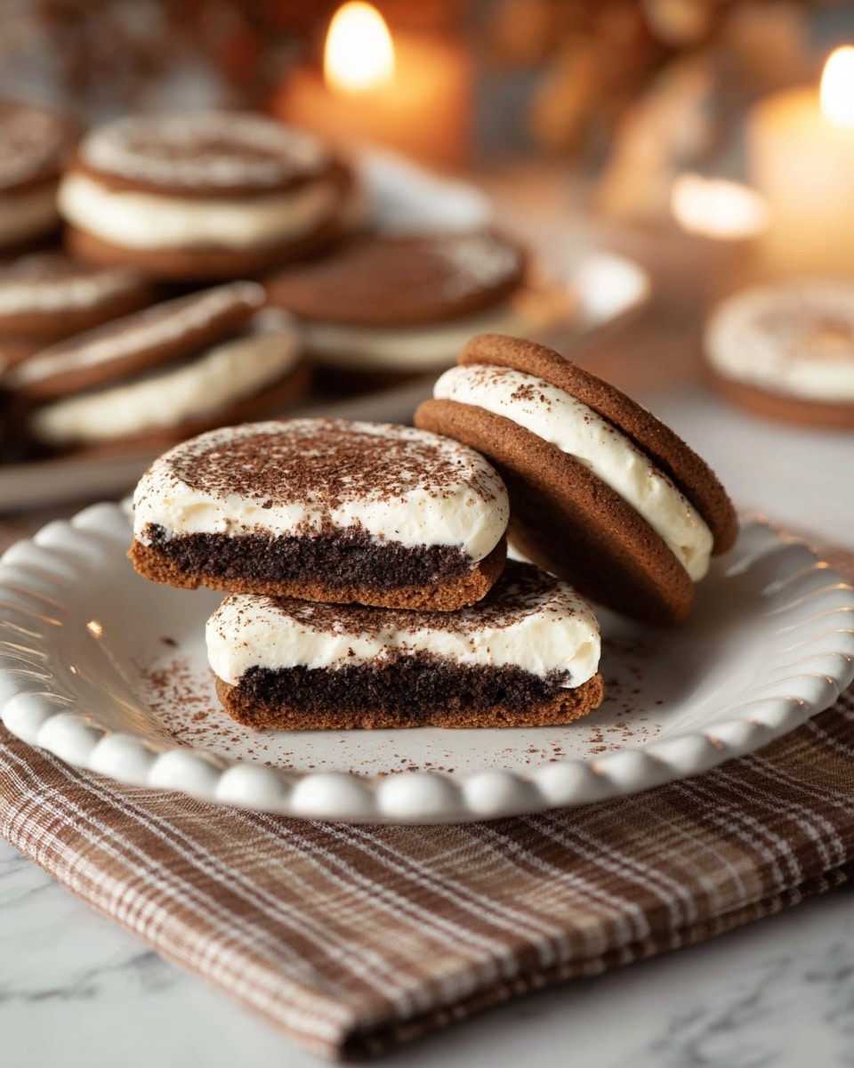 The image shows several round cookies on a white plate with scalloped edges, placed on a brown and white checkered cloth with a white marbled surface underneath. Each cookie has two visible layers: the bottom is a thick, dense, dark brown cookie base, and the top is a thick layer of white cream with a light dusting of dark cocoa powder on top. Two cookies are stacked in the center, showing a cross-section of the layers clearly. In the background, there is soft, warm candlelight creating a cozy atmosphere. photo taken with an iphone --ar 4:5 --v 7