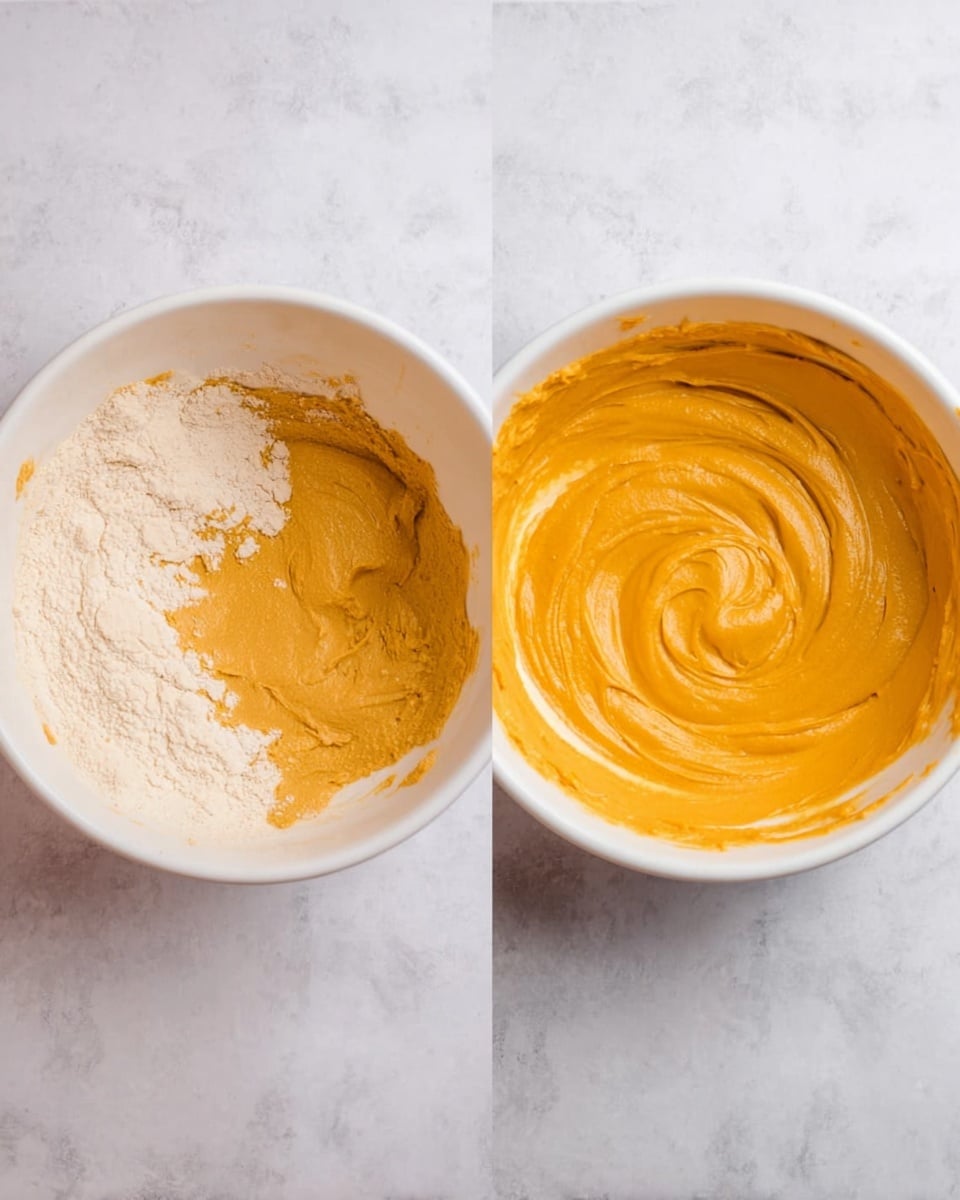 Two white bowls sit side by side on a white marbled surface. The bowl on the left shows a mix of dry pale flour and thick light orange batter partially spread over it, with visible separation between the layers. The bowl on the right contains smooth, fully mixed thick orange batter with a creamy texture and swirled surface. Photo taken with an iphone --ar 4:5 --v 7