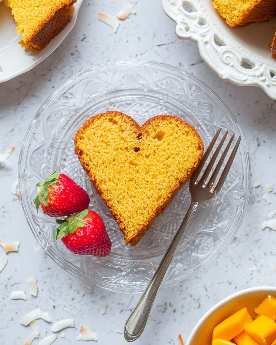 A heart-shaped slice of golden brown cake with a soft, porous texture sits on a clear, patterned glass plate at the center of the image. Three fresh red strawberry halves with green tops are placed to the left side of the plate. A shiny silver fork rests on the right edge of the plate. The background features a white marbled surface with a few scattered white coconut flakes. At the top right corner, a white plate with an ornate edge holds some more pieces of the same cake, and at the bottom right corner, a white bowl contains bright orange mango chunks. Photo taken with an iphone --ar 4:5 --v 7