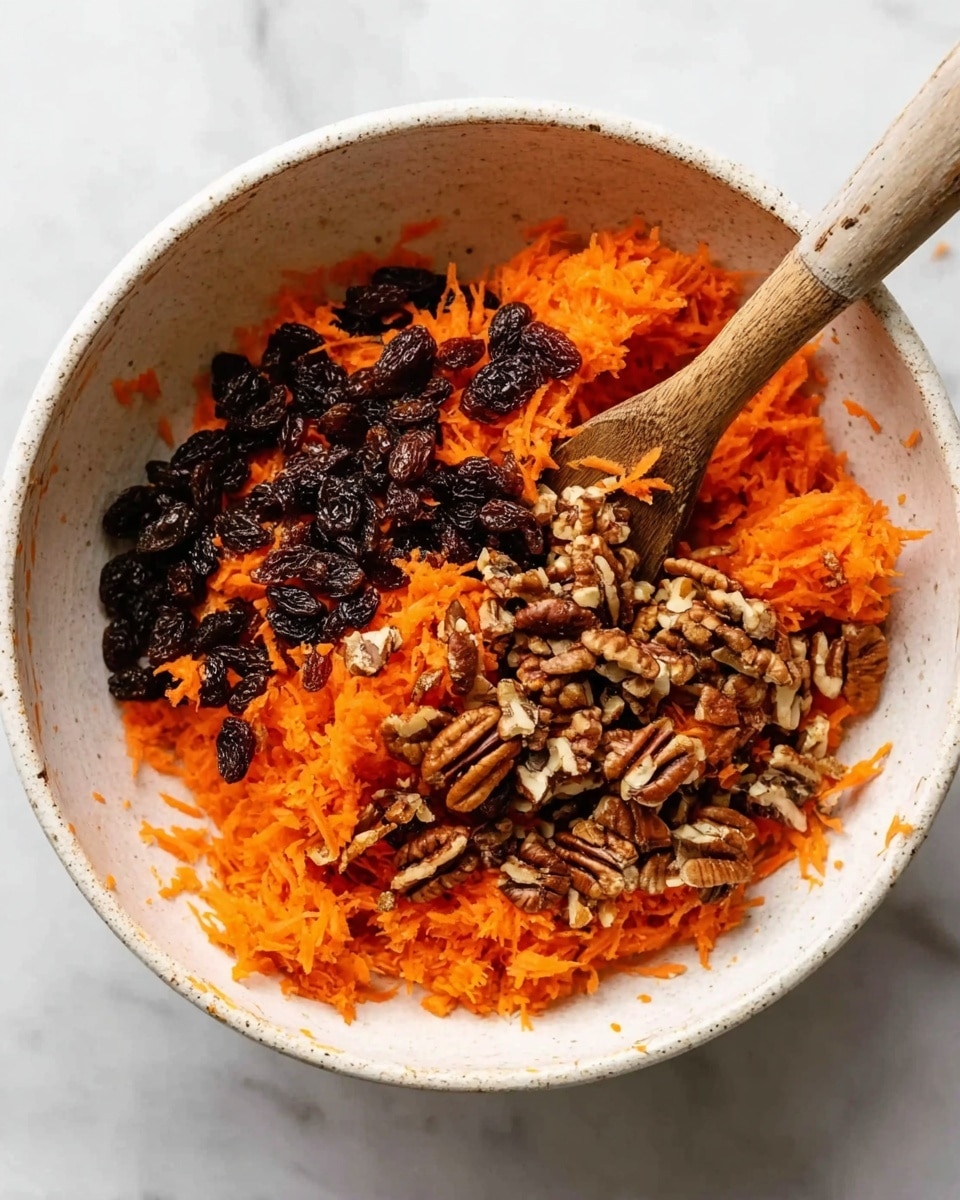 A white bowl on a white marbled surface holds a mix of shredded bright orange carrots, dark brown raisins, and chopped pecans. The carrot layer is soft and finely shredded, forming a mound near the center. The raisins are scattered on top and around the carrots, adding a wrinkled, shiny texture. The pecans are roughly chopped, with their brown, ridged shells contrasting against the carrots and raisins. A wooden spatula with a brown handle rests inside the bowl, partly covered by the ingredients. photo taken with an iphone --ar 4:5 --v 7
