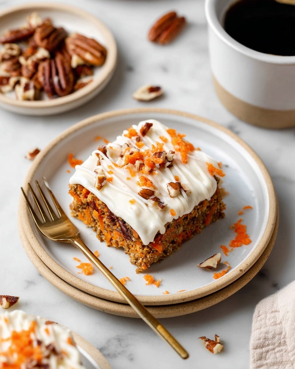 A square slice of carrot cake bar sits in the center of a white plate with a raised beige rim, topped with a thick dollop of white cream and scattered small pieces of orange shredded carrot and chopped pecans. The bar shows visible layers of shredded carrot, nuts, and oatmeal, with a drizzle of white icing across the top. A gold fork rests on the left side of the plate on the white marbled surface, next to a small plate with more chopped pecans in the background, and a white cup of black coffee in the top right corner. photo taken with an iphone --ar 4:5 --v 7