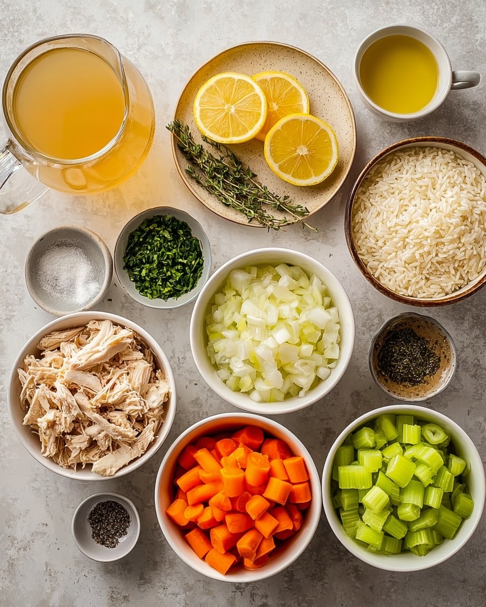 A top-down view of several white bowls on a white marbled surface, each filled with different ingredients: shredded light brown chicken in one bowl at the bottom left, diced bright orange carrots in a bowl at the bottom center, and chopped pale green celery in a bowl at the bottom right. Above these, a bowl filled with chopped white onions sits near the center, next to a small bowl of finely chopped fresh green herbs on the top right. There is also a small bowl with minced garlic, and another small bowl with clear yellow olive oil. To the top left is a round tan plate holding four lemon wedges and green herb sprigs. Below that is a brown bowl filled with uncooked white rice. On the far left is a glass pitcher of clear golden broth and a small bowl with equal parts black pepper and white salt. The overall color palette is light and natural, with the white bowls contrasting against the multicolored ingredients. Photo taken with an iphone --ar 4:5 --v 7