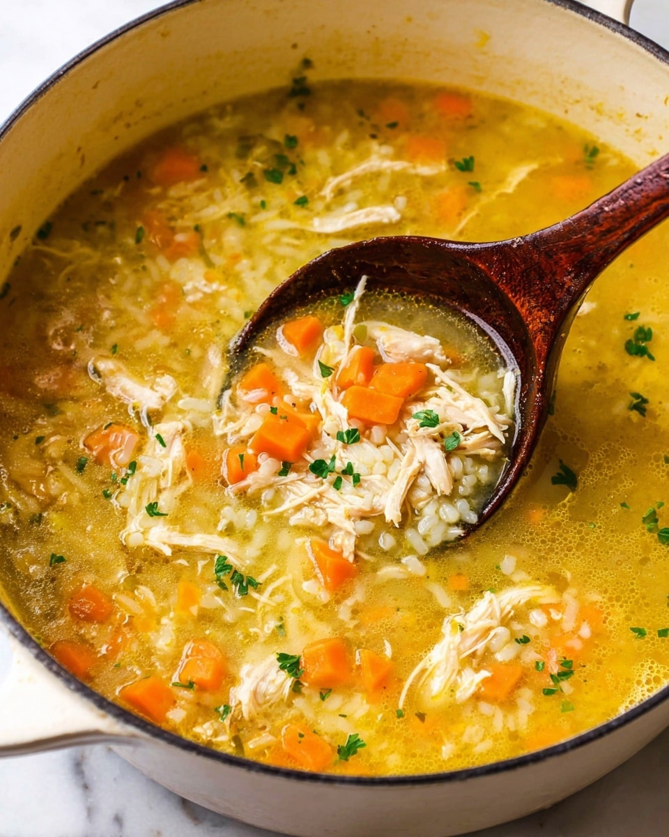 A close-up of a white pot filled with golden yellow chicken soup that has a clear broth base. The soup has three main layers: bright orange carrot cubes scattered throughout, tender white shredded chicken pieces, and soft white rice mixed in. There are small green herbs sprinkled on top adding color contrast. A dark wooden ladle is scooping some soup from the pot, showing all the ingredients clearly against the rich broth. The pot sits on a white marbled texture. Photo taken with an iphone --ar 4:5 --v 7