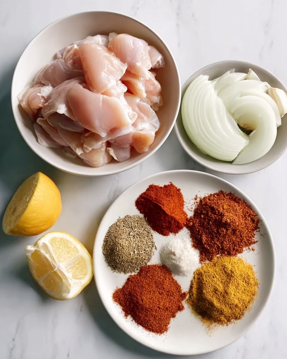 The image shows three white plates and a white marbled surface as background. One plate holds raw chicken pieces arranged loosely and filling the bowl, showing smooth, pale pink flesh. Another plate displays onion slices that are semi-translucent and layered loosely on the plate, with a whole peeled garlic clove beside them. The third plate is filled with multiple piles of ground spices, each forming small mounds in various colors including rusty red, orange-brown, light beige, dark brown, and golden yellow, arranged neatly in a circular pattern. A halved lemon, bright yellow with visible juicy texture, sits next to the plates. Photo taken with an iphone --ar 4:5 --v 7