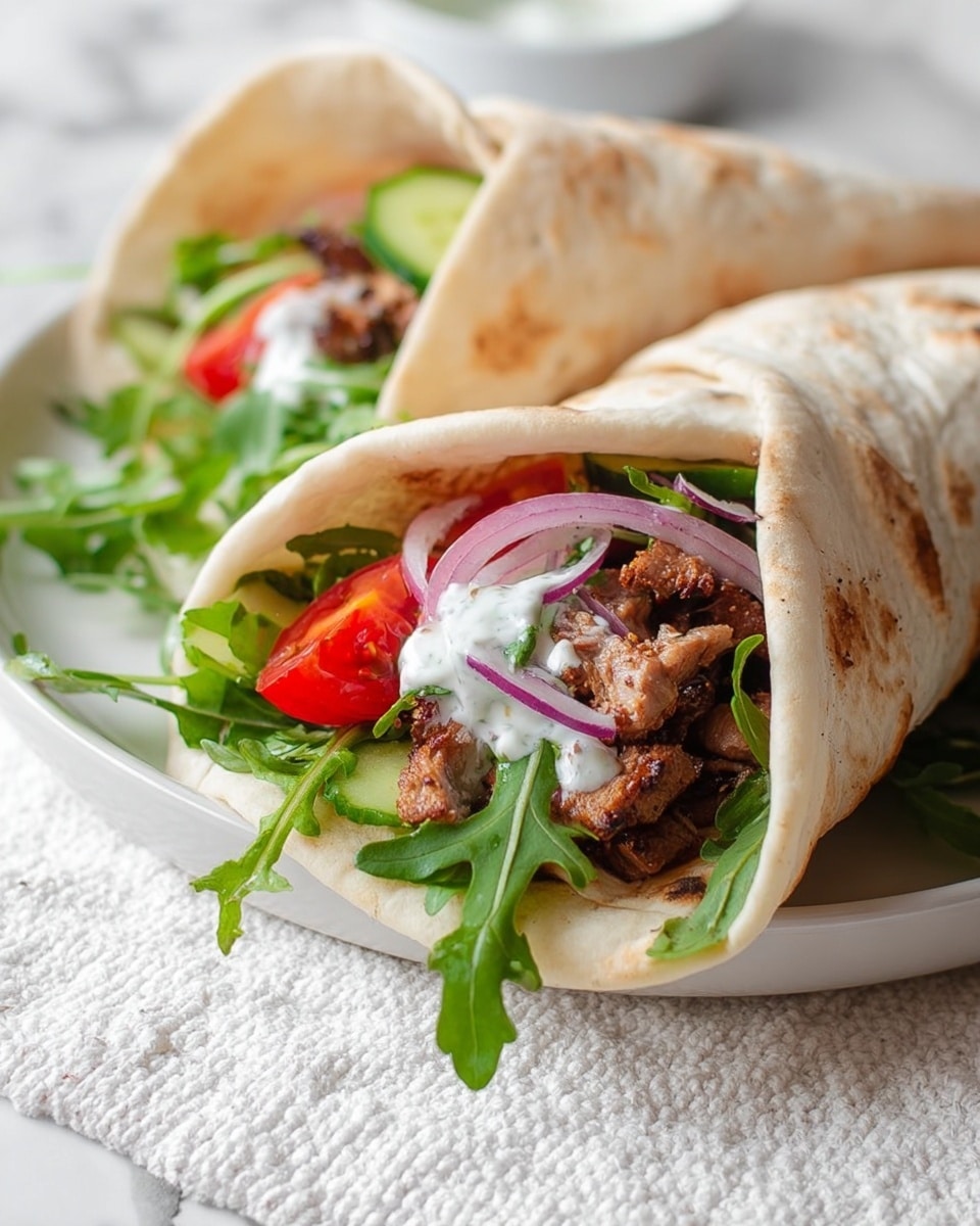 The image shows two wraps placed on a white plate over a white marbled surface with a textured white cloth underneath. Each wrap is made with soft, light brown flatbread folded to hold the fillings inside. Inside the front wrap, the base layer is fresh green arugula leaves, followed by small pieces of cooked, browned meat scattered lightly. On top of the meat, there are thin slices of light green cucumber, red cherry tomato halves, and thin slices of purple onion. A white creamy sauce is drizzled over the contents. The back wrap is folded with fewer visible ingredients but shows similar textures. The overall look is fresh and inviting. Photo taken with an iphone --ar 4:5 --v 7