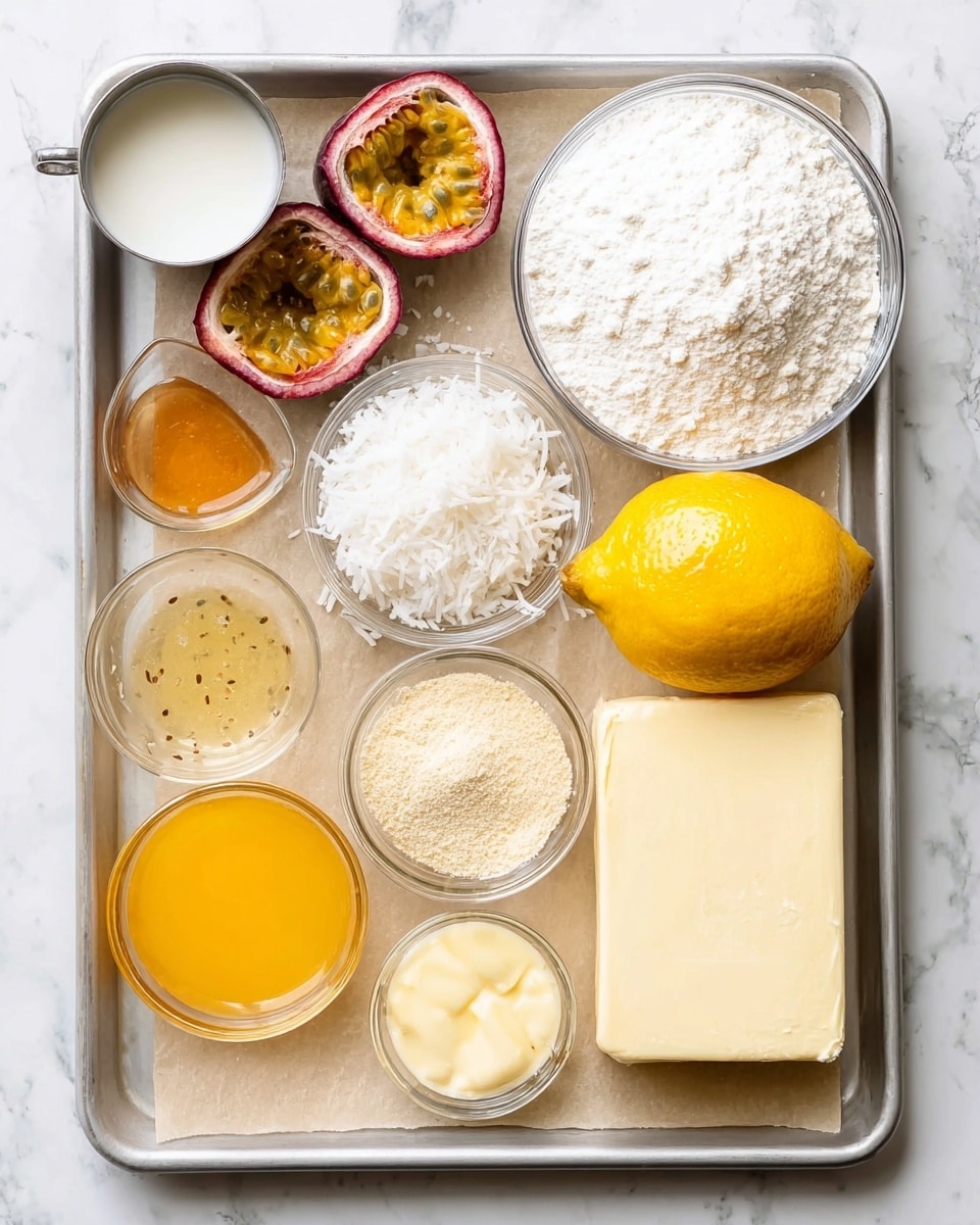 A baking tray lined with parchment paper sits on a white marbled surface. On the tray, there is a clear glass bowl filled with a white powdery ingredient (flour) at the top right, next to a whole bright yellow lemon on the right side. Below the lemon is a soft light yellow stick of butter. Near the bottom center is a small clear bowl with a fine beige powder. To the left, there is a small glass container holding a golden syrup, and just above it is another small glass container with a slightly lighter yellow syrup with visible seeds or small bits. In the middle is a clear bowl filled with coarse white granulated sugar; above it and to the left is another clear bowl with white shredded coconut. Two halves of a passion fruit with bright orange flesh and many black seeds are placed at the top left. At the top left corner of the tray is a small metal cup filled with sweetened condensed milk. The arrangement is neat, the colors mostly white, yellow, and orange, all presented on a white marbled background. photo taken with an iphone --ar 4:5 --v 7
