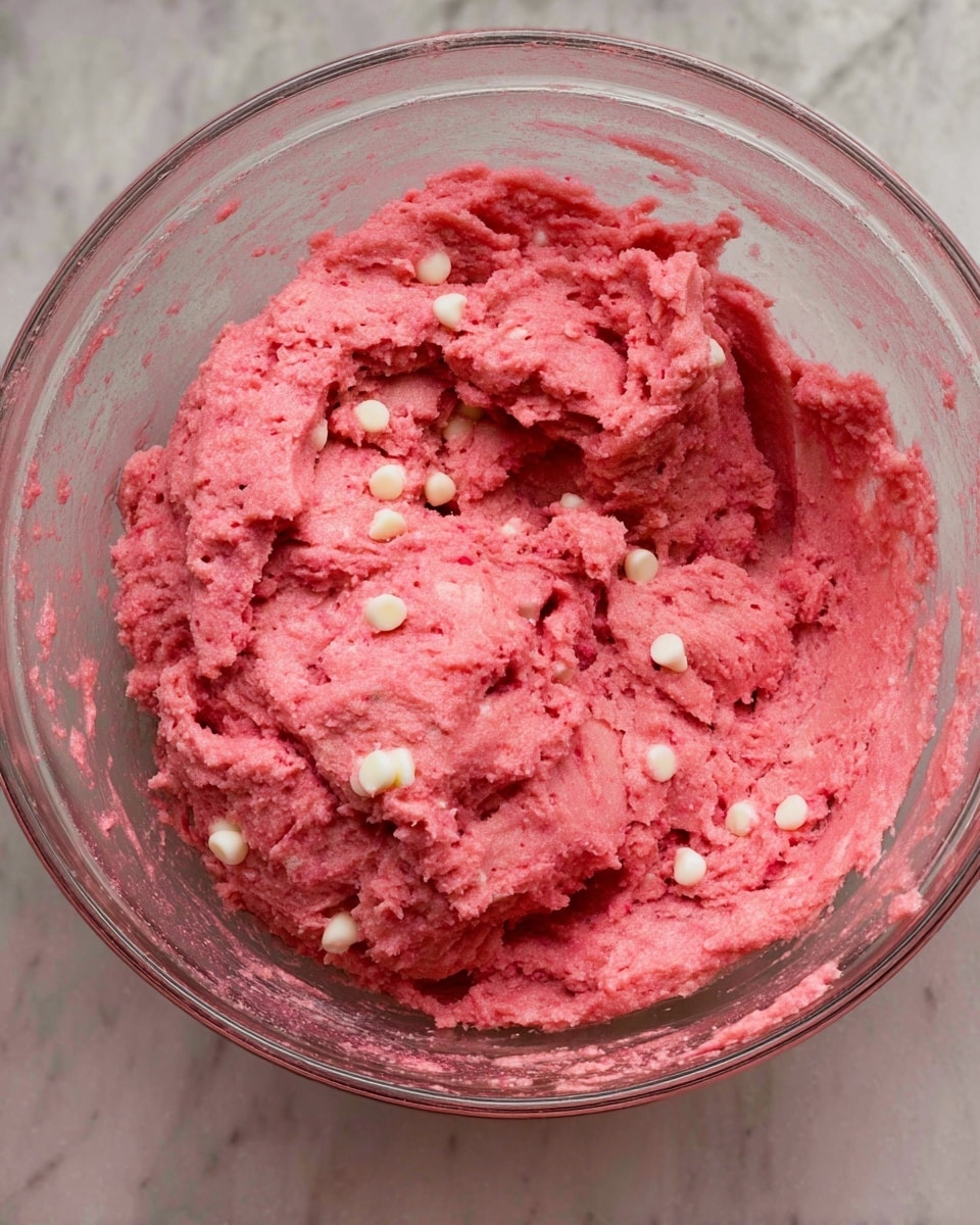 Inside a clear glass bowl, there is bright pink dough mixed with small white chips scattered evenly throughout. The dough looks soft and slightly rough in texture, with some parts pushed up against the sides of the bowl, showing a sticky, thick consistency. The background is a white marbled surface. photo taken with an iphone --ar 4:5 --v 7
