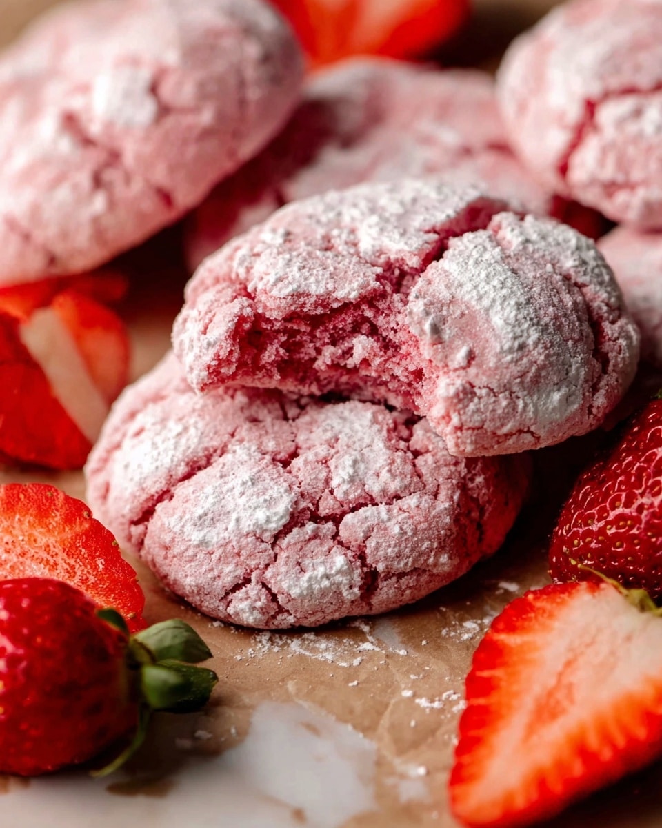 The image shows a close-up of several pink cookies dusted with white powdered sugar, arranged on a light brown surface with a white marbled texture. One cookie is placed on top of another and has a bite taken out, revealing a soft, dense interior. Around the cookies are fresh strawberries, some whole and some cut in half, showing their bright red color and juicy texture with green stems visible. The focus is sharp on the cookies and strawberries, creating a vibrant and inviting look. Photo taken with an iphone --ar 4:5 --v 7