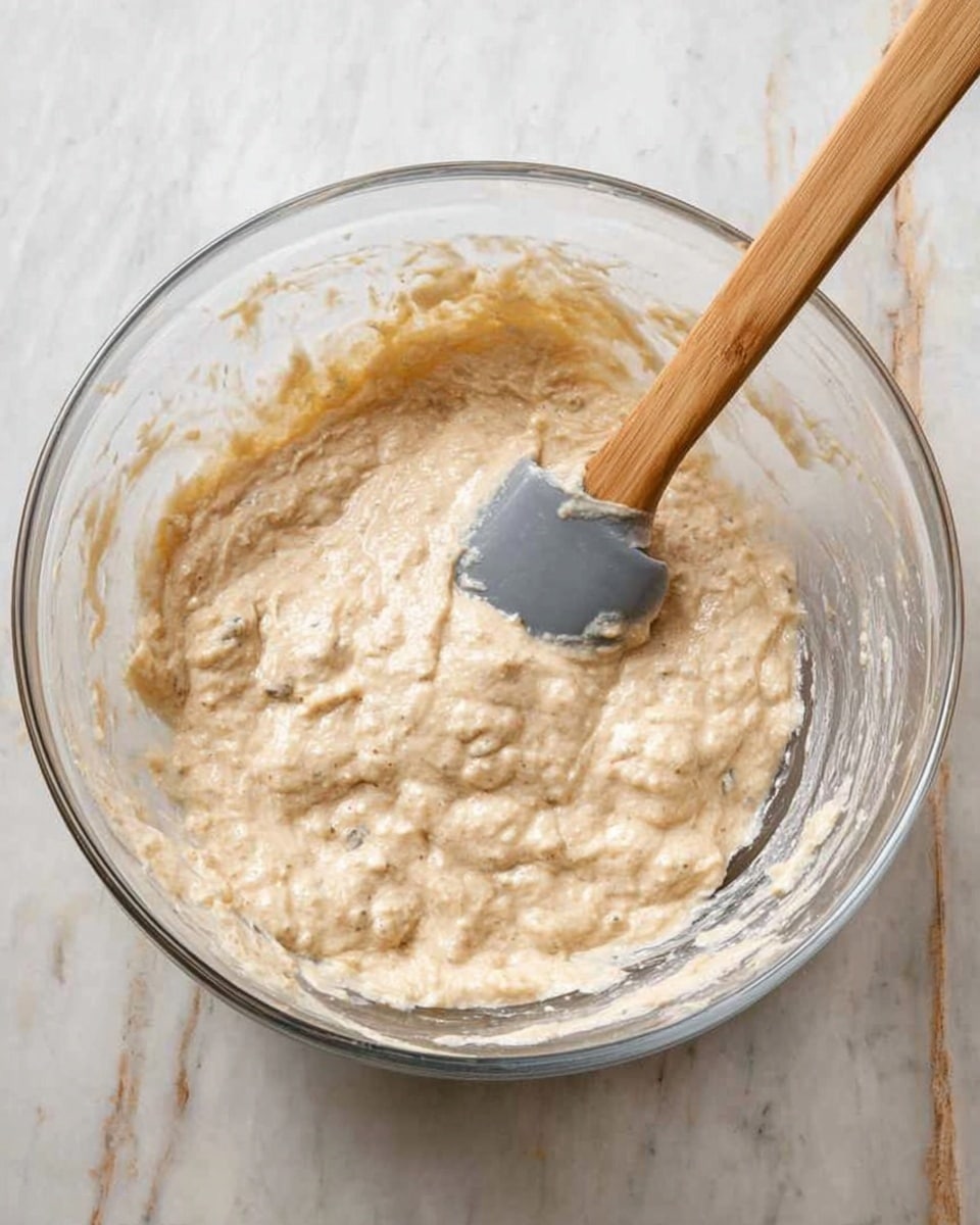 A clear glass bowl filled with thick, light beige batter that has small lumps and a creamy texture. A spatula with a wooden handle and gray silicone tip is resting inside the bowl, partially covered in batter. The bowl is placed on a white marbled surface, giving the scene a clean and bright look. photo taken with an iphone --ar 4:5 --v 7