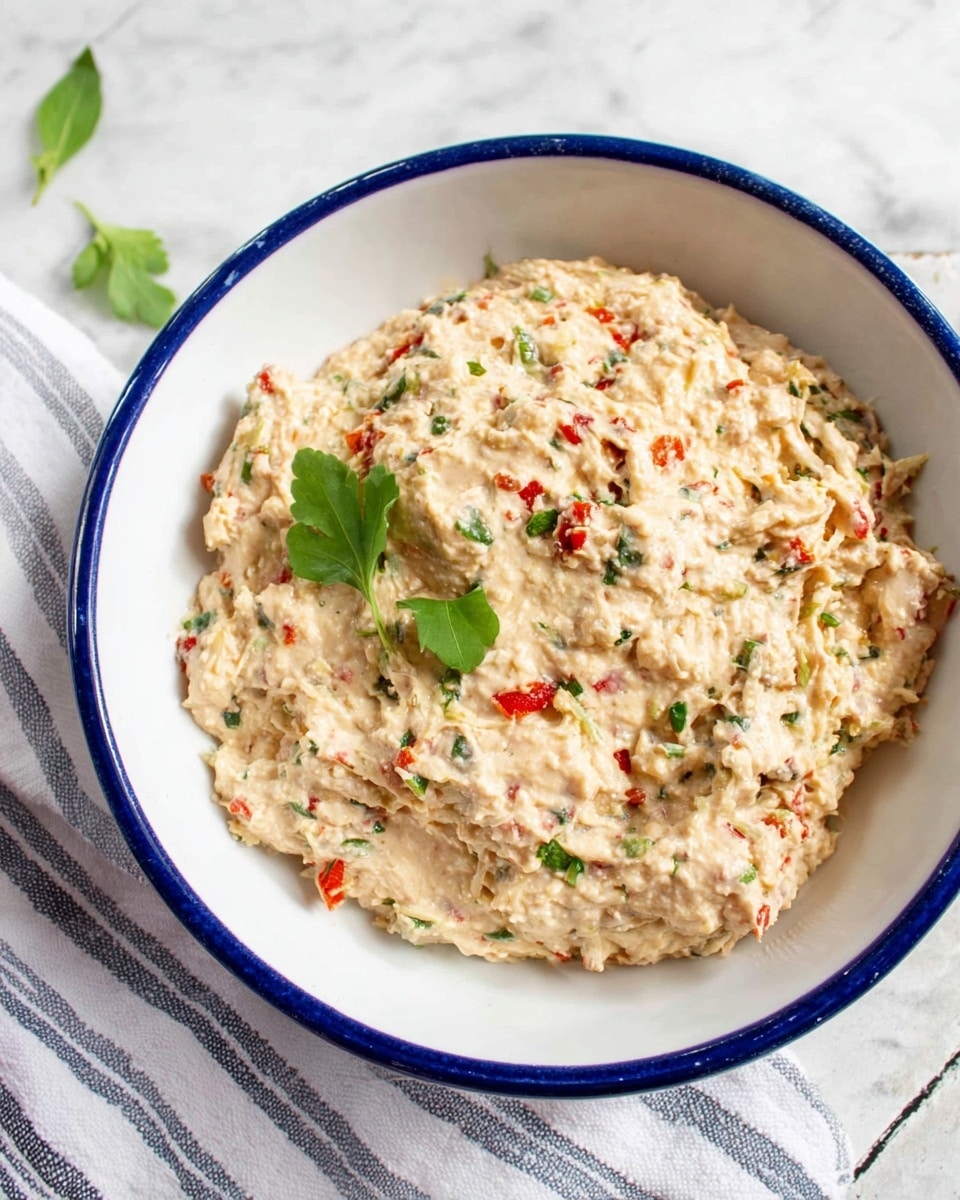 A white bowl with a blue rim holds a creamy mixture that looks thick and slightly chunky, with a pale beige color. Inside the mixture are small pieces of red and green, likely from finely chopped herbs and vegetables, scattered evenly throughout. There are also a few whole green leaves placed on top as garnish. The bowl is set on a white marbled surface with a striped cloth partly visible underneath. photo taken with an iphone --ar 4:5 --v 7