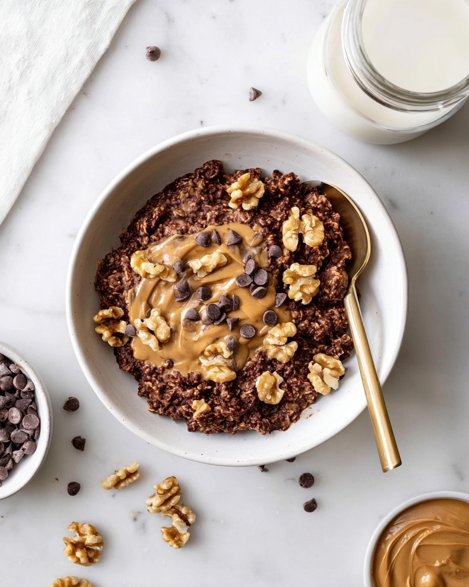 A white bowl holds a dark brown, chunky chocolate oatmeal base with a rough texture, topped with light golden-brown walnut pieces scattered on top and around the oatmeal. Smooth, creamy light brown peanut butter is drizzled over the walnuts and oatmeal, with small, round, dark chocolate chips sprinkled on top. A gold spoon rests inside the bowl on the right side. The bowl sits on a white marbled surface, with some chocolate chips scattered around it. Nearby, a clear glass bottle of milk and a white saucer with light brown peanut butter in a small white dish are partially visible. Photo taken with an iphone --ar 4:5 --v 7