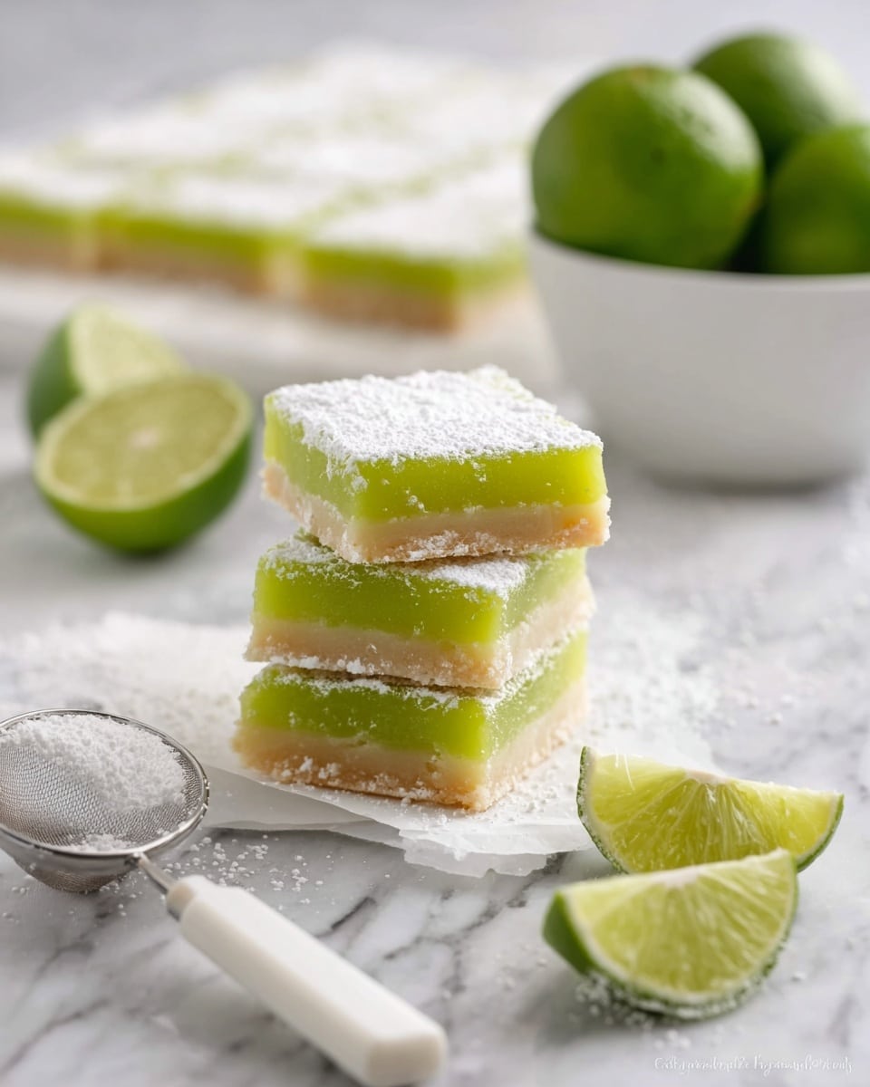 The image shows lime dessert bars stacked in three layers, each bar having a bottom crust layer that is light beige and crumbly, followed by a thick, bright green lime filling layer in the middle, and topped with a dusting of white powdered sugar. The blocks are cut into squares and placed on a white marbled surface. In the background, there are more lime bars laid out flat, a white bowl full of green limes, and a halved lime. In the foreground, a lime wedge and slice are placed on the marbled surface next to a white-handled utensil and a small sieve with powdered sugar. Photo taken with an iphone --ar 4:5 --v 7