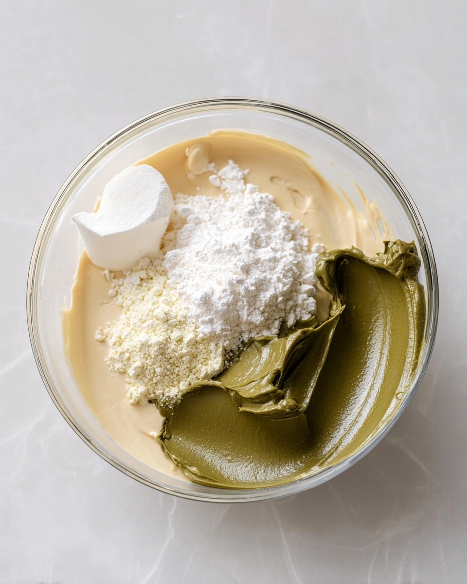 A clear glass bowl filled with four distinct layers of ingredients: a smooth light beige cream layer at the bottom, topped with a bright white powdery layer slightly piled up, a thick dollop of white creamy texture positioned to the left, and a large, smooth, shiny dollop of dark green creamy paste placed on the right side. The bowl is set on a white marbled texture surface. photo taken with an iphone --ar 4:5 --v 7